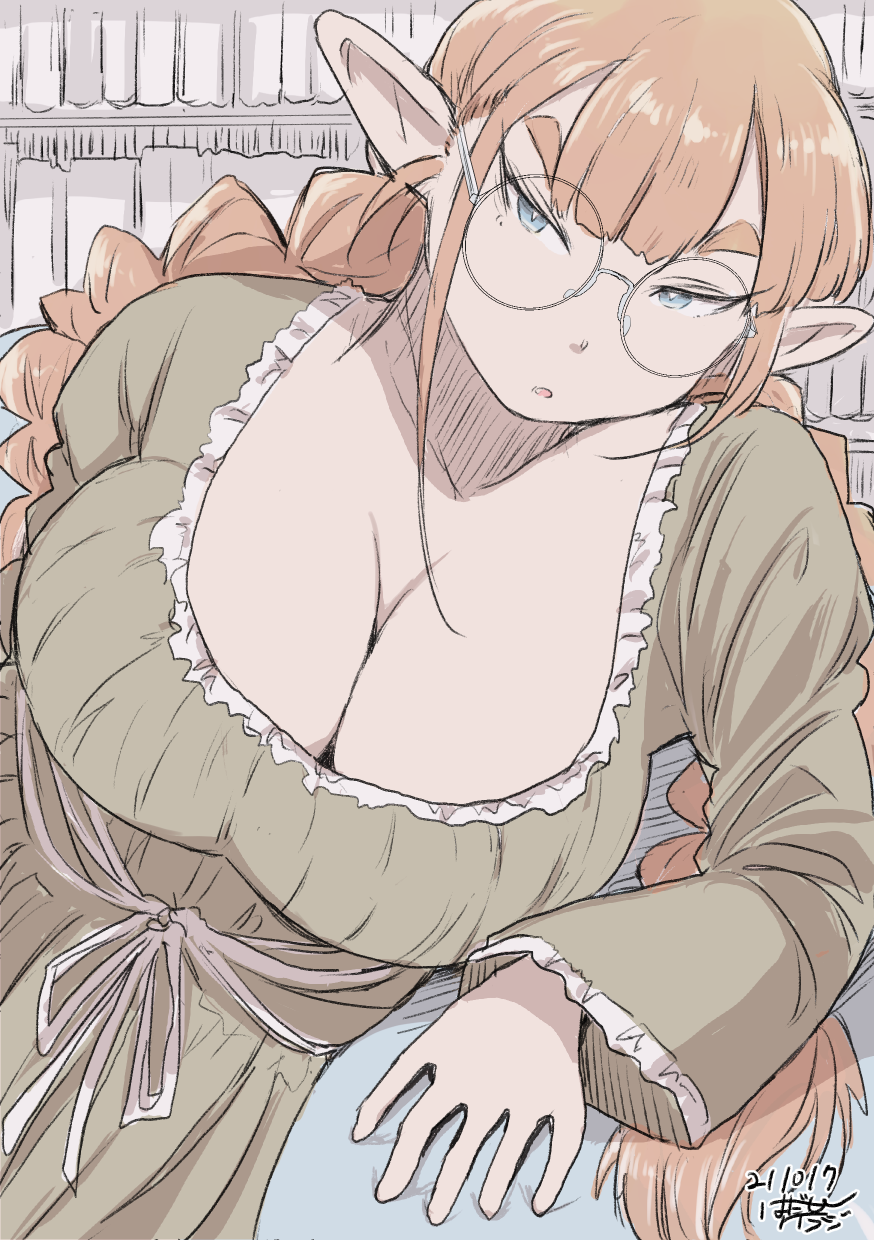 bookshelf braid breasts brown_hair cleavage dated dress elf female glasses green_dress grey_eyes hadashi_no_kenji highres indoors large_breasts long_hair long_sleeves looking_at_viewer pointy_ears solo tanken_hakken_boku_no_isekai_elf-san thick_eyebrows twin_braids twintails