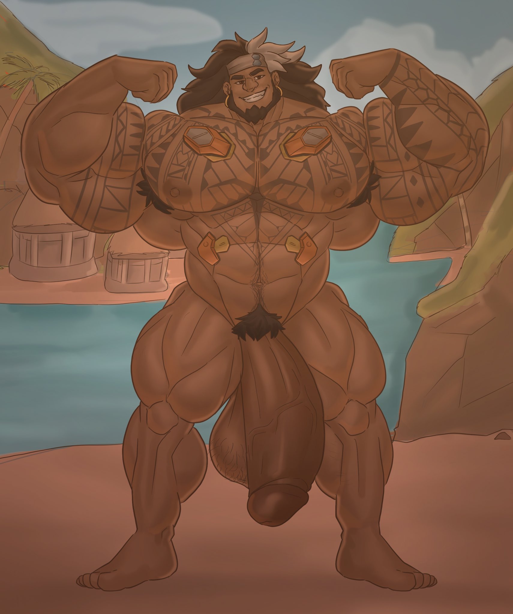 1boy, abs, arm tattoo, armpit hair, armpits, balls, bara, barefoot, beard, big balls, big feet, big muscles, big nipples, big pecs, big penis, black hair, chest hair, chest tattoo, daddy, dilf, earrings, feet, flaccid, flexing, gab art, gay, hair, hairy, hairy balls, hairy male, happy trail, headband, huge balls, huge cock, huge muscles, huge pecs, human, hunk, hyper balls, hyper muscles, hyper penis, leg tattoo, long hair, male, male only, mauga, multicolored hair, muscles, muscular, muscular human, muscular male, navel, nipples, nude, overwatch, overwatch 2, penis, pubes, sideburns, signature, solo, tribal tattoo, water, white hair, yaoi