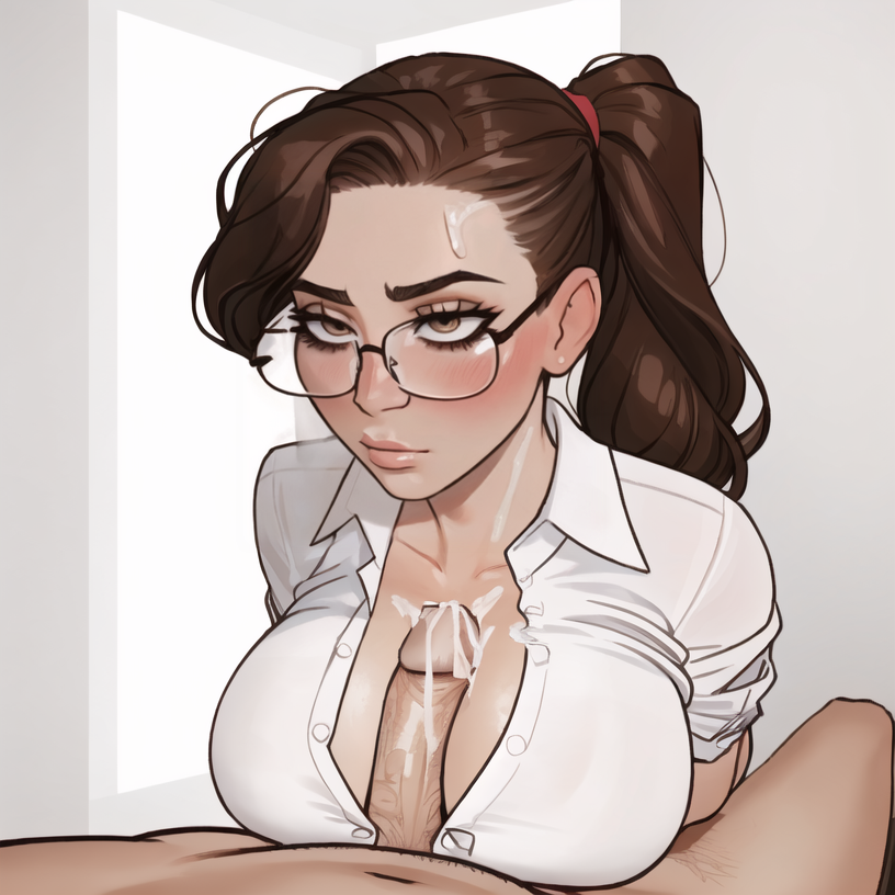 1boy 1girls ai_generated big_breasts brown_eyes brown_hair business_suit business_woman clothed clothes cum cum_on_breasts erection female glasses male paizuri partially_clothed penis pissprince ponytail stolen_art straight titjob