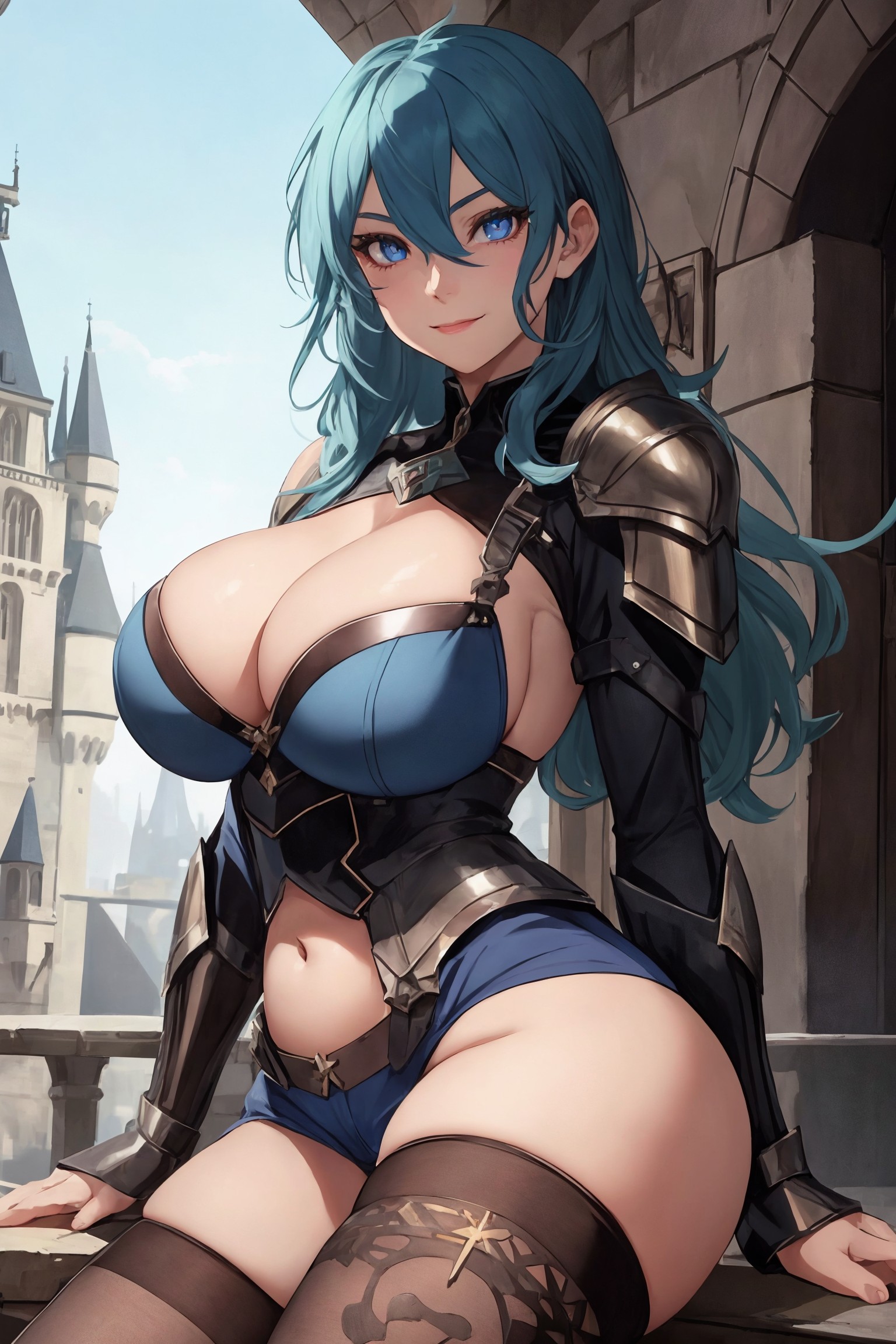 1girls, ai generated, armor, blue hair, breasts, byleth (fire emblem), byleth (fire emblem) (female), female, female only, fire emblem, fire emblem: three houses, jinzo1993, large breasts, nintendo, solo