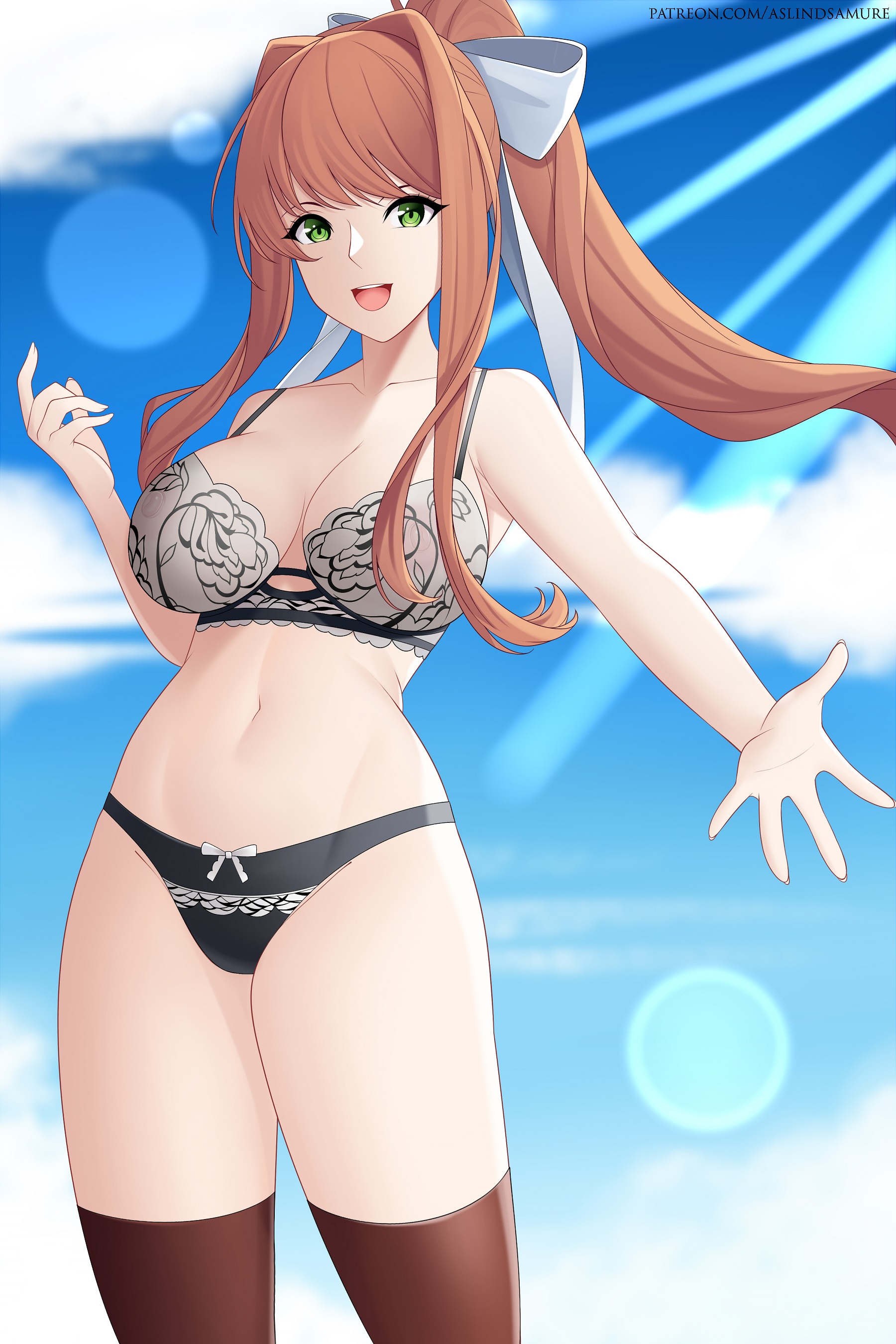 1girls, aslindsamure, bra, doki doki literature club, female, female focus, female only, floral print, lingerie, monika (doki doki literature club), panties, solo, solo female, solo focus, standing, tagme, thighhighs, underwear