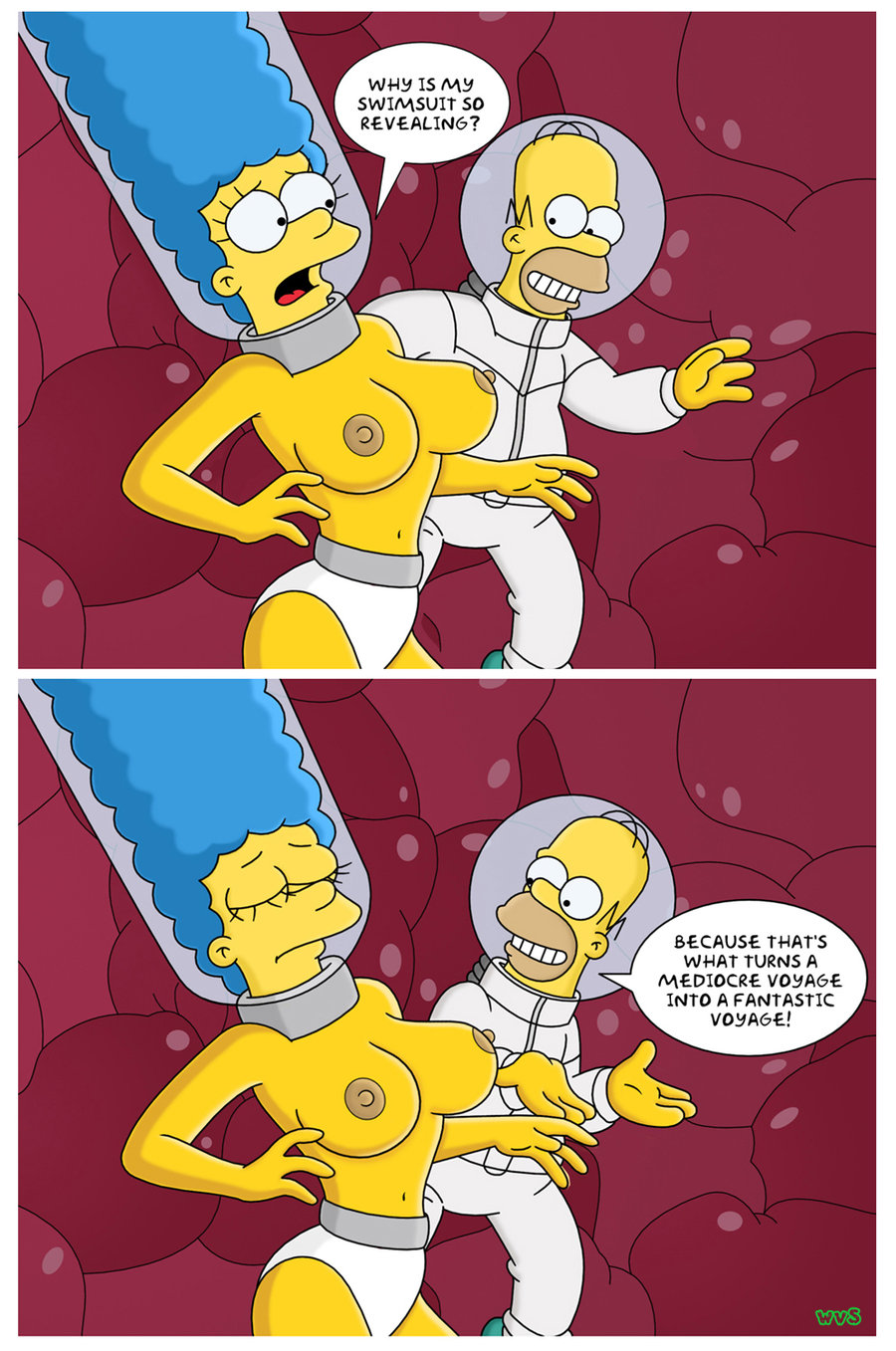 blue_hair breasts clothes color english_text female hair homer_simpson human male marge_simpson nipples tagme text the_simpsons wvs yellow_skin