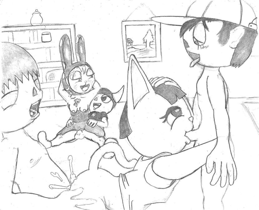 2girls 3boys animal_crossing animal_crossing_boy anthro arms_behind_head ass bottomless breasts butt cat_ears cat_tail closed_eyes cum cum_inside cum_on_face domestic_cat double_penetration ejaculation eyes felid feline felis fellatio female female_penetrated francine_(animal_crossing) hair half-closed_eyes hand_on_head hands_on_ass hands_on_hips hat horns lagomorph male male_penetrating male_penetrating_female merry_(animal_crossing) monochrome multiple_boys multiple_girls nintendo nipples nude nude_male open_mouth oral rabbit rabbit_ears sex shirt simple_background sitting_on_person sketch tank_top tongue tongue_out topless unknown_artist vaginal vaginal_penetration villager_(animal_crossing) white_background