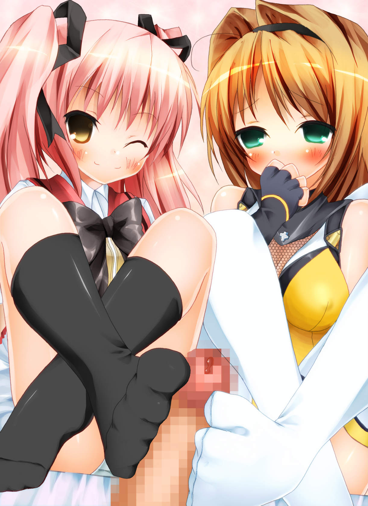 1boy 2girls artist_request black_socks blush bow breasts brown_hair censored choukou_(alicesoft) choukou_sennin_haruka clothed_female double_footjob erect_nipples erect_nipples_under_clothes feet female footjob footjob_with_legwear footwear highres jpeg_artifacts legwear long_hair male medium_hair mosaic_censoring penis pink_hair shihoudou_narika sitting sockjob socks stockings tabi takamori_haruka teamwork thighhighs thighs twintails white_socks wings