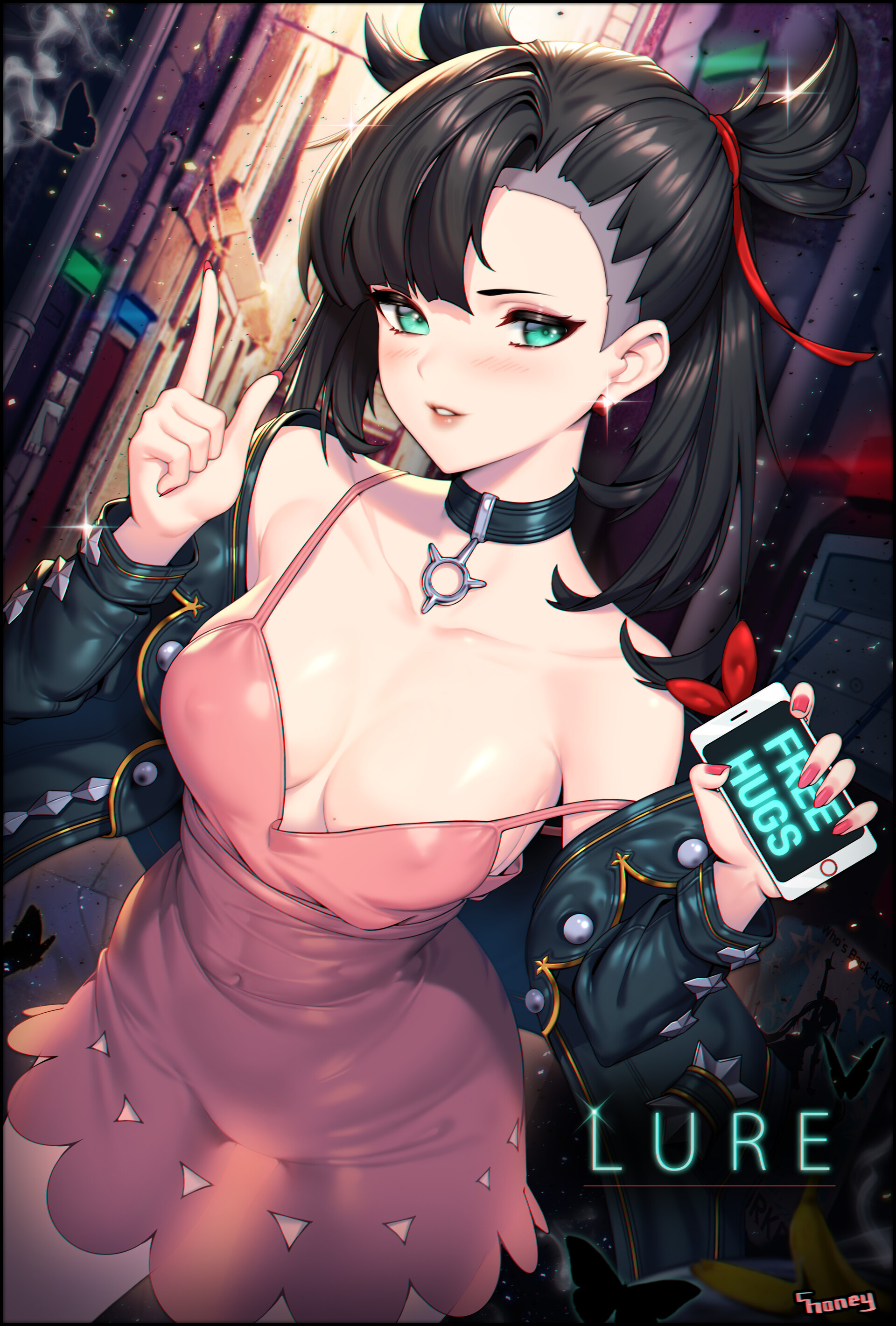 1girls, black hair, choney, earrings, female, marnie (pokemon), nail polish, phone, pokemon, red nails, tagme