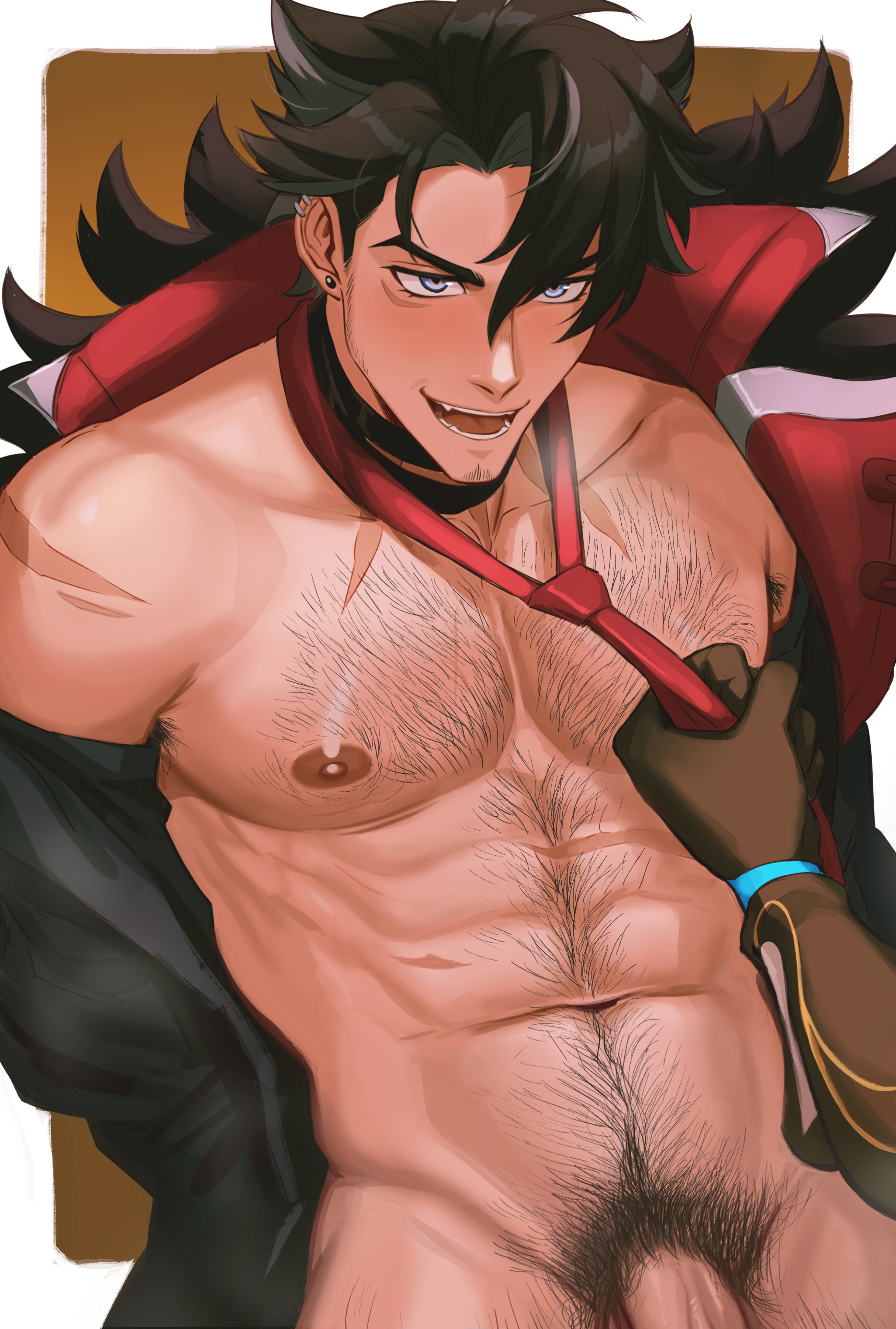 2boys, aether (genshin impact), black hair, fully nude, gay, gay domination, genshin impact, hairy, hairy male, hoyoverse, light skin, light-skinned male, male, male focus, male/male, muscular, muscular male, naked, nipples, nude, nude male, pale skin, pale-skinned male, pulling tie, short hair, smile, smiling, sombre slahc, tie, wriothesley (genshin impact), yaoi