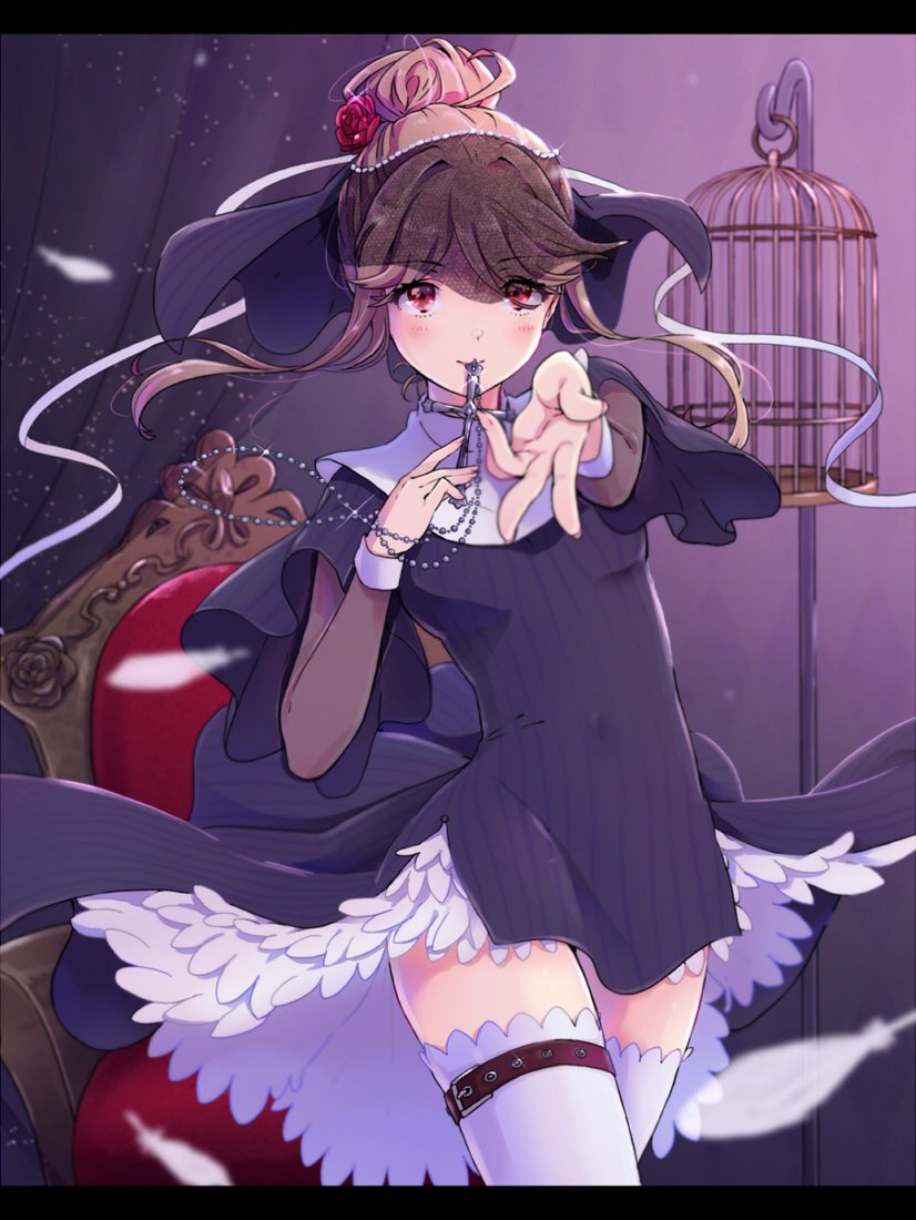 armchair belt birdcage black_border black_dress black_veil border brown_hair cage chair closed_mouth collar commentary_request cowboy_shot cross cross_necklace dress eyelashes feathers female fingernails flower hair_flower hair_ornament holding holding_cross holding_jewelry holding_necklace idolmaster idolmaster_million_live! indoors jewelry letterboxed light_blush necklace object_to_mouth outstretched_hand red_belt red_eyes red_ribbon ribbon short_hair_with_long_locks smile solo striped striped_dress tenkubashi_tomoka thigh_belt thigh_strap thighhighs veil vertical-striped_dress vertical_stripes white_collar white_thighhighs wind wind_lift witoi_(roa)