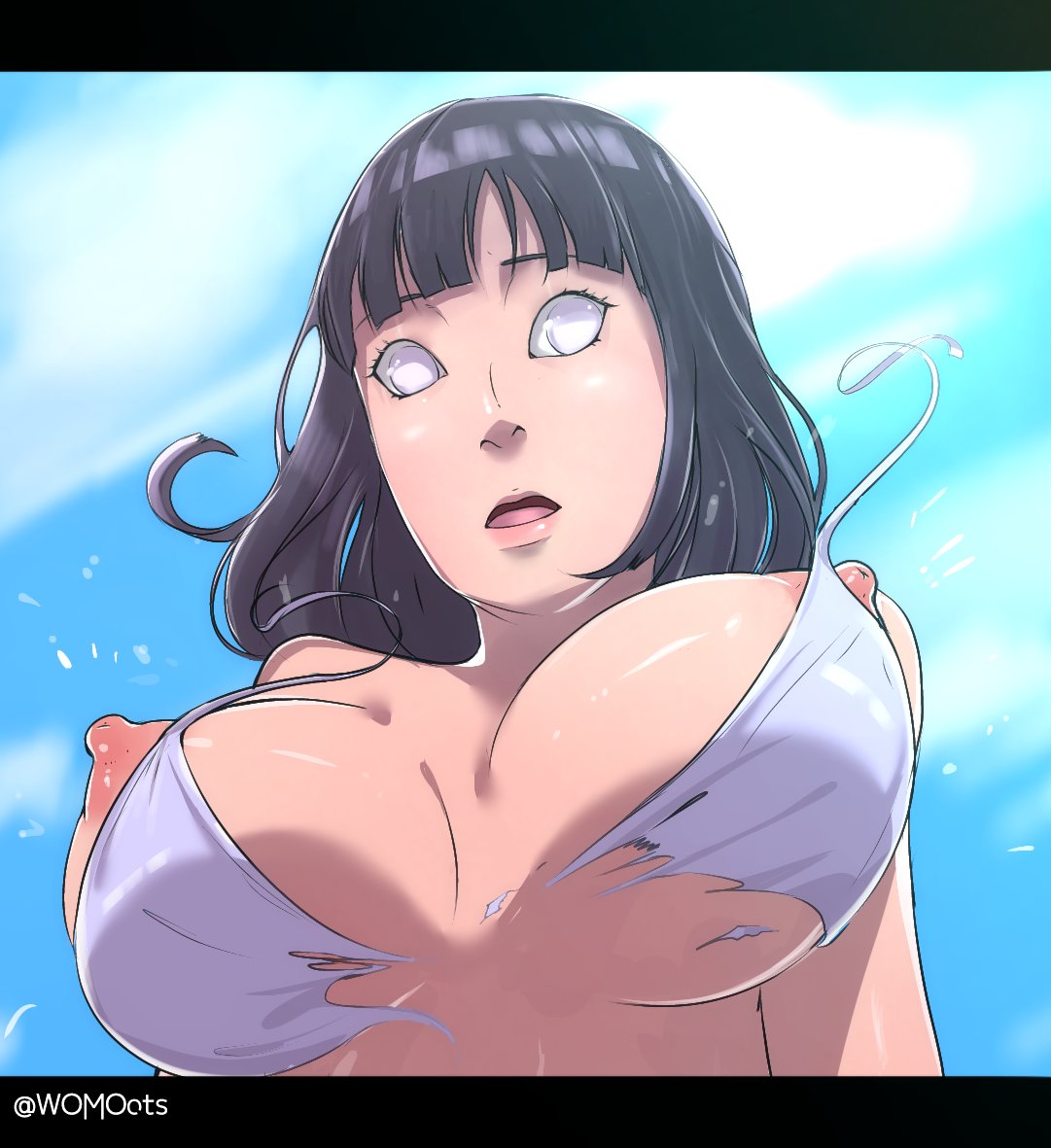 1girls areolae big_breasts bikini_top bob_cut boruto:_naruto_next_generations bra breasts breasts_out busty close-up dark_hair exposed_breasts female female_only hyuuga_hinata mature_female milf naruto naruto_(series) nipples short_hair solo surprised wardrobe_malfunction womo_ots