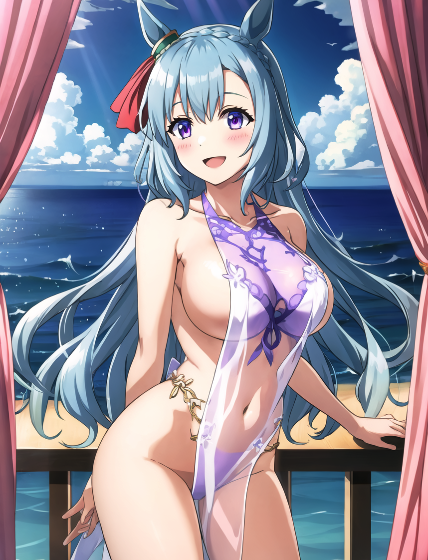 ai_generated animal_ears blue_hair breasts female half_ponytail light_blue_hair long_hair mejiro_ardan_(umamusume) princess purple_eyes swimwear umamusume umamusume_pretty_derby