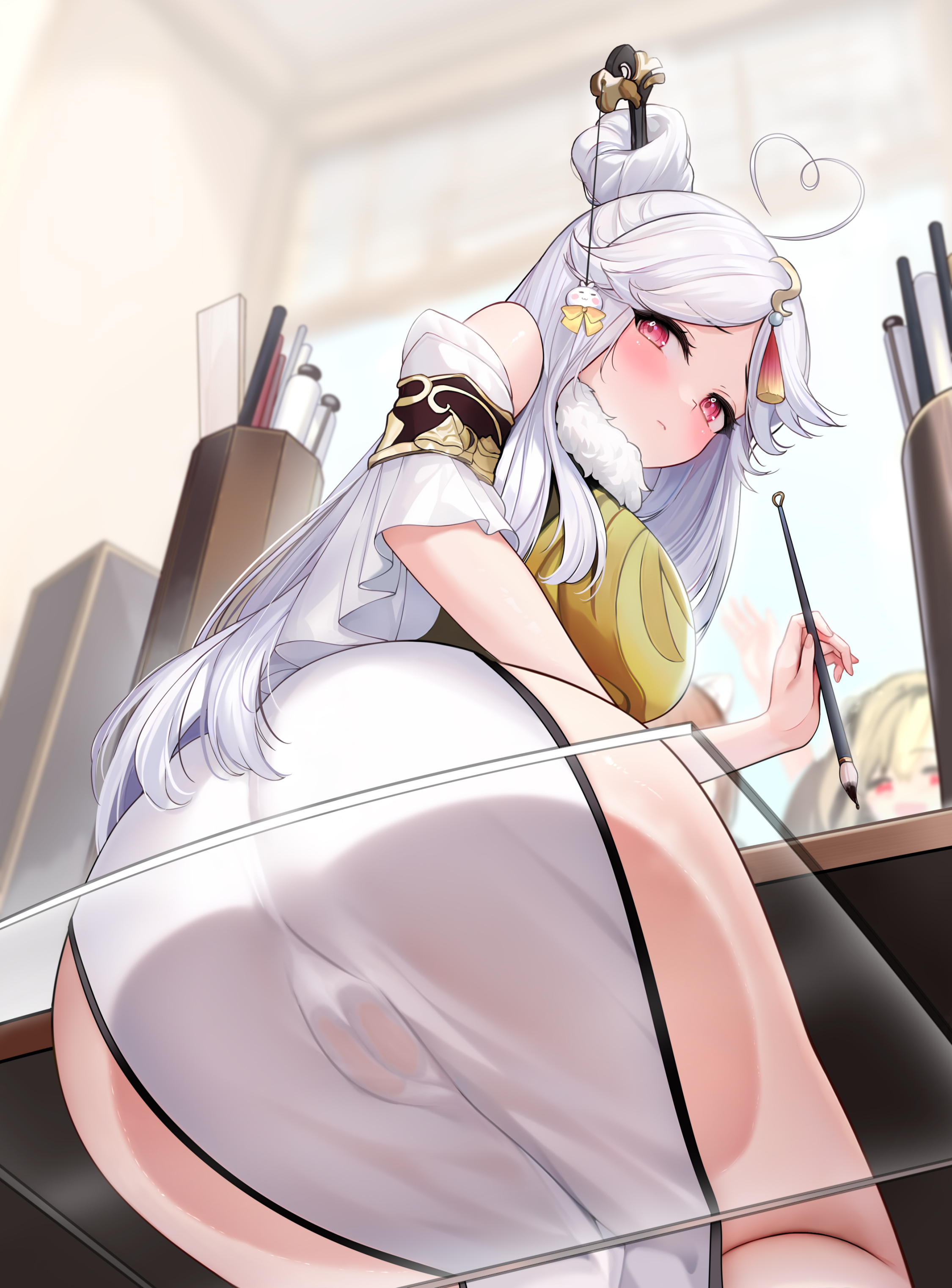 1girls, ass, breasts, clothed, female, genshin impact, hi res, hoyoverse, huge ass, huge breasts, large breasts, light skin, light-skinned female, low-angle view, niliu chahui, ningguang (genshin impact), red eyes, thick thighs, white hair