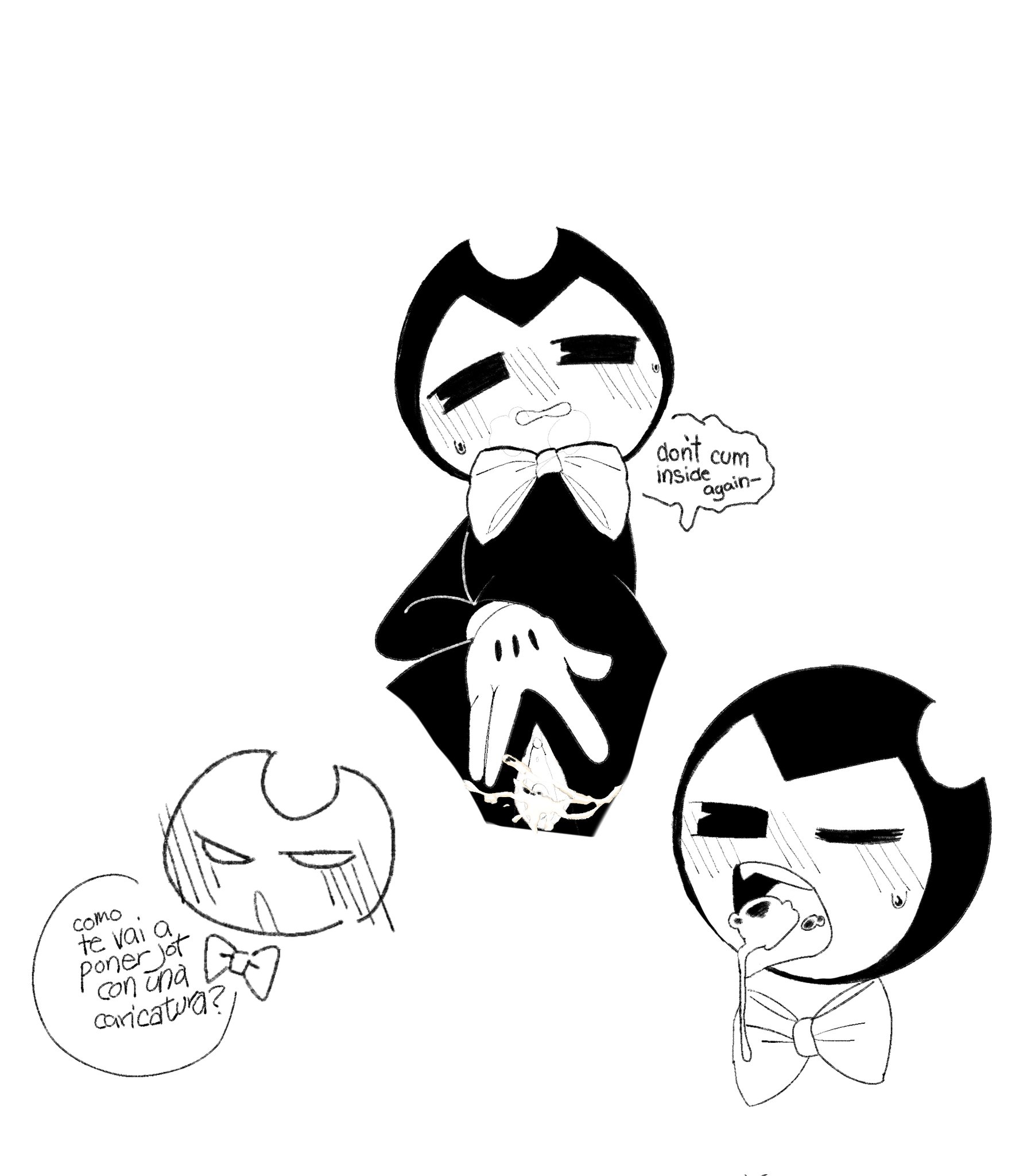 bendy, bendy and the ink machine, bendy the dancing demon, cum, cum in pussy, cuntboy, kuro inkku, male, pussy, spanish text, tagme, text