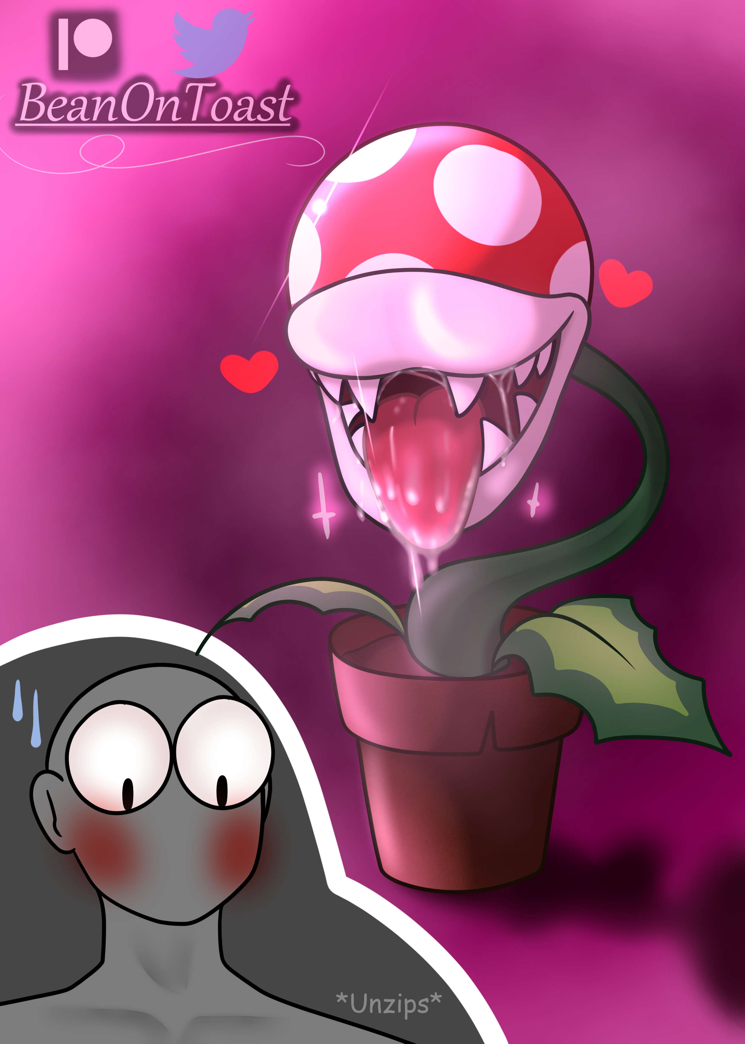 1boy, 1girls, 2d, 2d (artwork), ambiguous gender, anon, anthro, artist logo, artist name, beanontoast, blush, blushing, cursed, digital drawing (artwork), digital media (artwork), drool, drooling, female, female focus, glistening, glistening body, grey body, heart, hearts, hearts around head, hi res, imminent sex, male, mario (series), nintendo, open mouth, patreon, patreon logo, patreon username, piranha plant, plant, plant girl, plantie, potted plant, puffy lips, purple background, red heart, saliva, seductive, seductive look, seductive mouth, sharp teeth, shiny skin, sparkles, sweat, sweatdrop, teeth, teeth showing, thick lips, tongue, tongue out, twitter, twitter logo, twitter username, undressing, unzipped, unzipped pants, watermark, what, wide eyed, you bastard