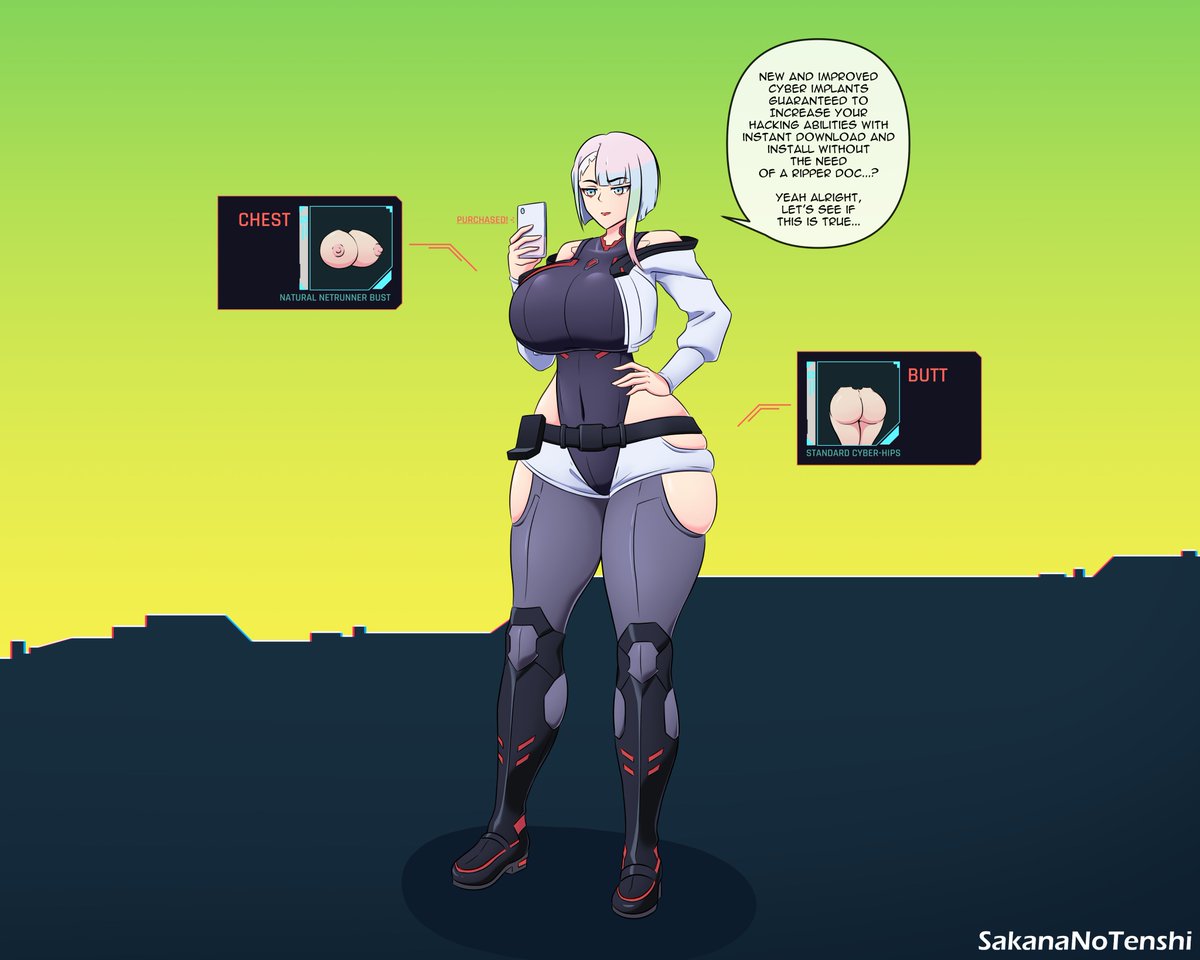 1girls, ass expansion, body modification, breast expansion, breast growth, breast growth (enlargement), breasts, cyberpunk: edgerunners, expansion, female, growth sequence, hyper, lucyna kushinada, sakananotenshi, speech bubble