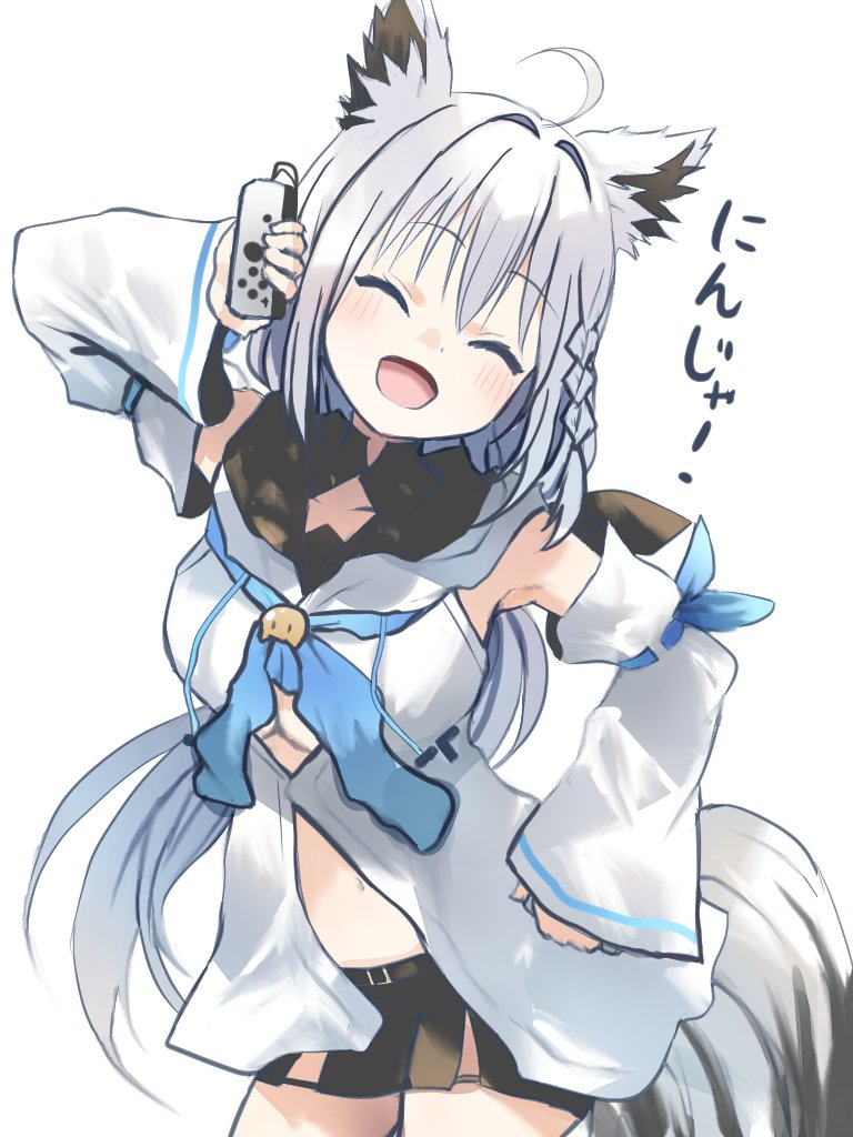 ahoge aisu_(icicleshot) animal_ear_fluff animal_ears black_shorts blue_neckerchief blush braid closed_eyes commentary_request detached_sleeves earrings female fox_ears fox_girl fox_tail hair_between_eyes hololive hololive_gamers hololive_gen_1 hololive_japan hood hoodie jewelry long_hair neckerchief nintendo_switch_pro_controller open_mouth shirakami_fubuki short_shorts shorts sidelocks simple_background single_braid solo tail virtual_youtuber white_background white_hair white_hoodie