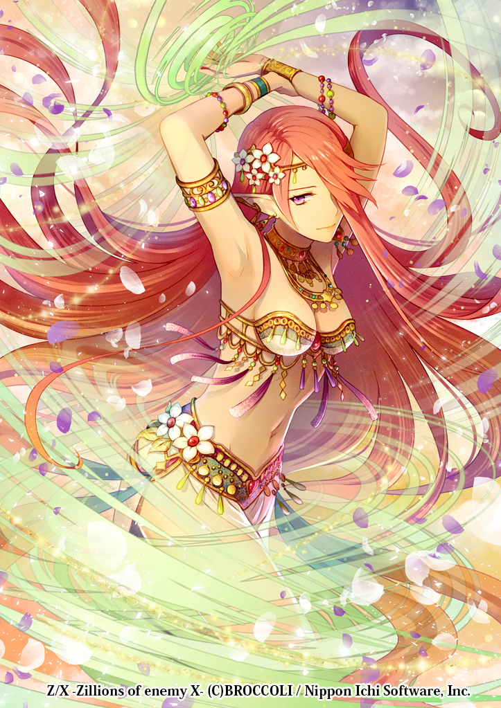 armlet armpits bracelet breasts copyright_notice female flower hair_flower hair_ornament jewelry long_hair looking_at_viewer navel official_art one_eye_covered petals pointy_ears purple_eyes red_hair ronce solo z/x