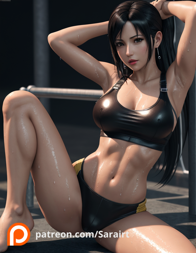 1girls ai_generated final_fantasy final_fantasy_vii final_fantasy_vii_remake sarairt solo sports_bra sports_uniform tifa_lockhart wet_body wet_skin