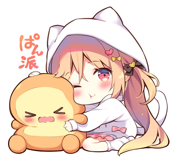 >_< :t ;t adorable animal_ears animal_hood blonde_hair blush chibi closed_mouth commentary_request cute fake_animal_ears fake_tail female full_body hair_between_eyes hood hood_up hoodie long_hair long_sleeves looking_at_viewer loose_socks no_shoes open_mouth original pan_(mimi) pink_skirt pleated_skirt puffy_long_sleeves puffy_sleeves red_eyes sfw simple_background sitting skirt sleeves_past_wrists socks solo stuffed_toy tail translation_request very_long_hair wariza wavy_mouth white_background white_hoodie white_socks wholesome