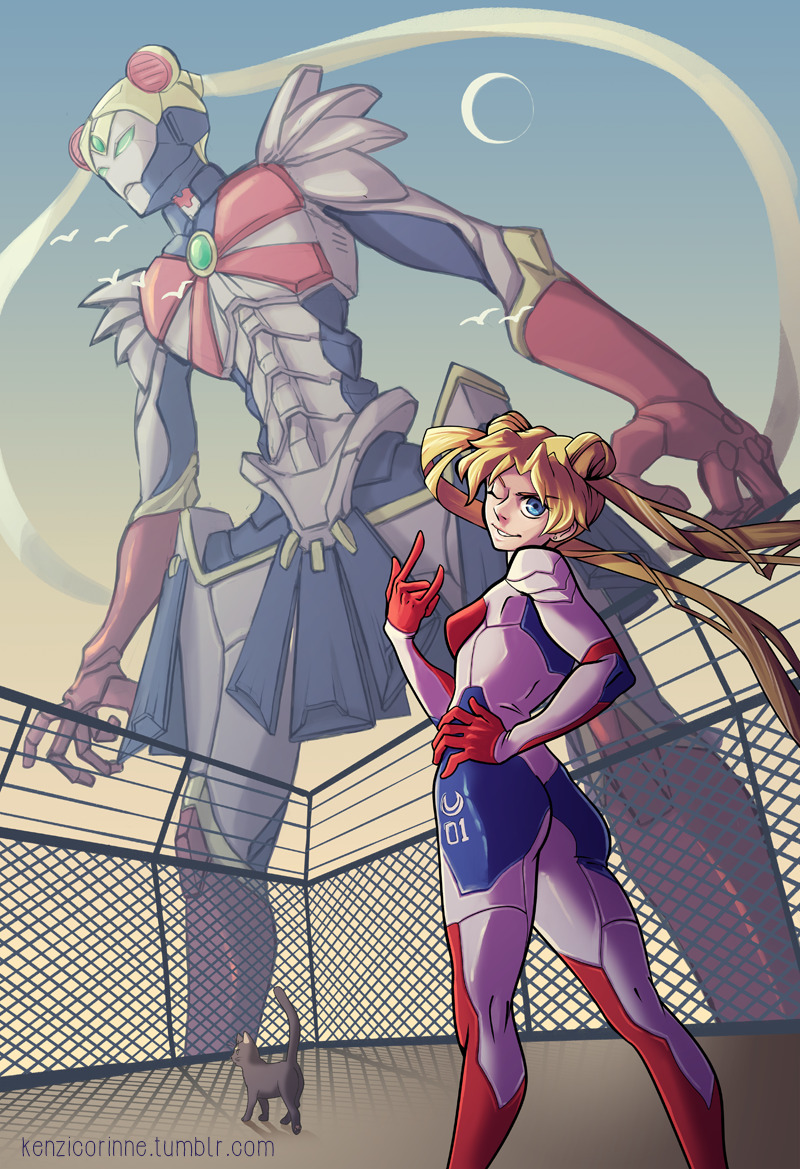 \n/ armor bird bishoujo_senshi_sailor_moon black_cat blonde_hair blue_armor blue_bodysuit blue_eyes bodysuit chain-link_fence clothing crescent_moon crossover double_bun ear_piercing feline fence fusion green_eyes hair_bun hand_gesture hand_on_own_hip hard_image humanoid_robot kenzicorinne long_hair luna_(sailor_moon) mecha mechanization moon multicolored_bodysuit multicolored_clothes neon_genesis_evangelion one_eye_closed piercing pilot_suit plugsuit red_armor red_bodysuit robot sailor_moon small_breasts smirk twintails usagi_tsukino white_armor white_bodysuit