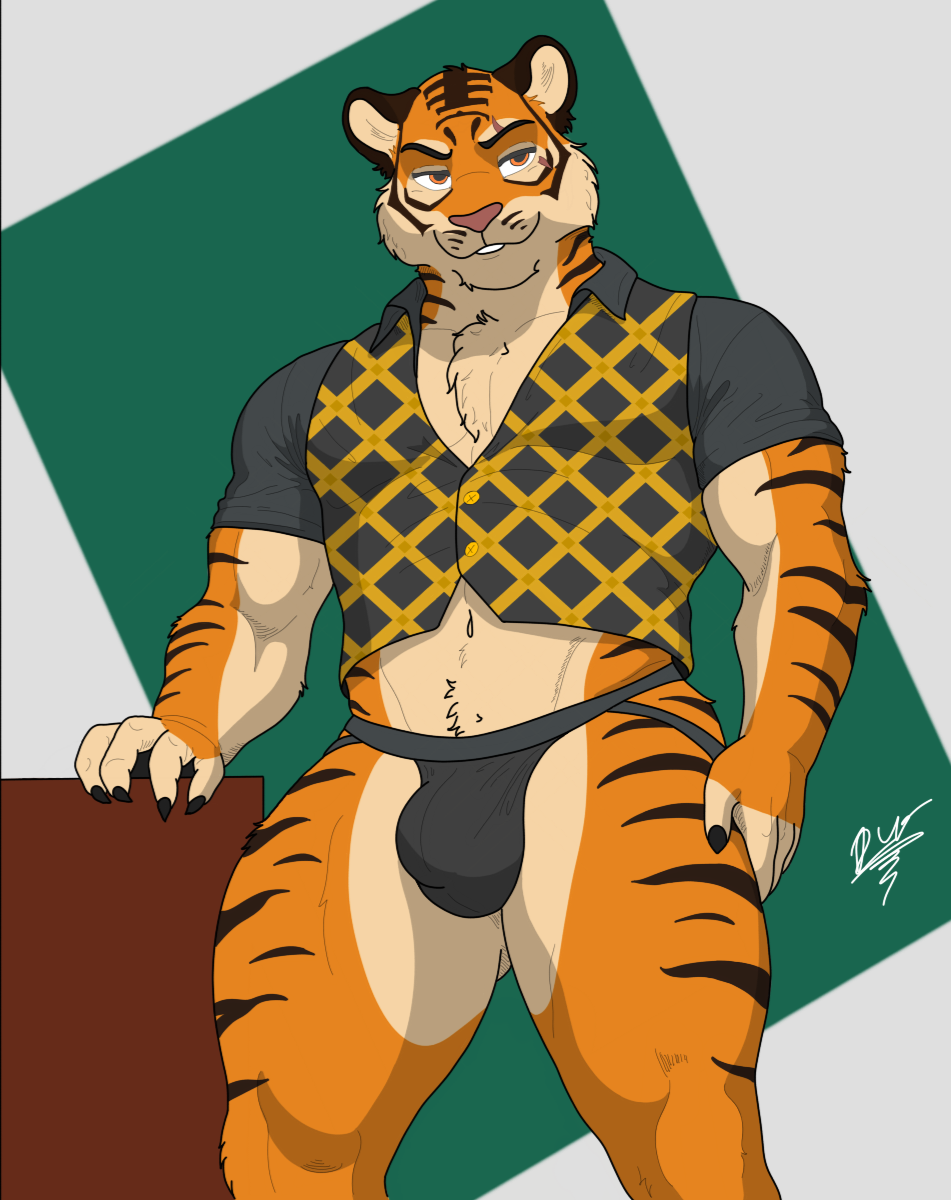 1boy anthro belly_button black_claws bulge chest_fur chest_tuft clothed clothing delta_dewitt detailed_bulge digital_media_(artwork) epic_games felid feline fortnite fur hand_on_thigh hi_res jockstrap looking_away male male_only mammal multicolored_fur muscular muscular_male muscular_thighs narrowed_eyes orange_fur oscar_(fortnite) pantherine penis_outline scar_across_eye simple_background smile solo solo_male standing striped_fur stripes tiger tight_clothing underwear vest