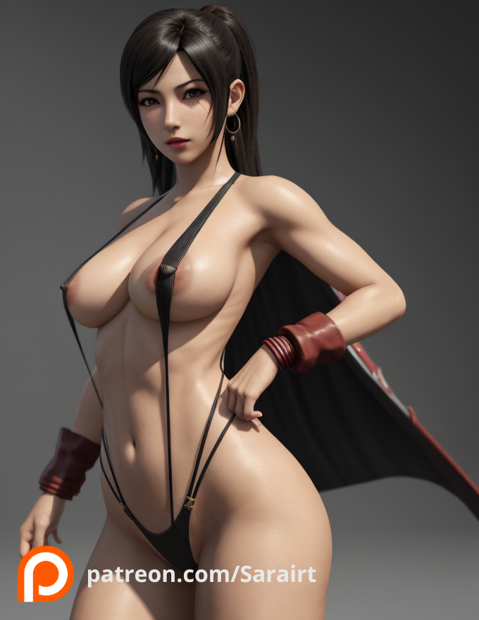 1girls abs ai_generated big_breasts black_hair female final_fantasy final_fantasy_vii final_fantasy_vii_remake large_breasts sarairt sling_bikini slingshot_swimsuit solo standing tifa_lockhart toned toned_female