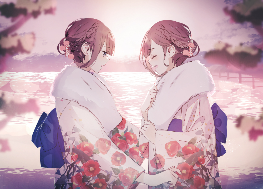 2girls blue_eyes blush braid character_request closed_eyes floral_print flower fur_collar hair_flower hair_ornament japanese_clothes kimono long_sleeves multiple_girls obi open_mouth outdoors pink_flower print_kimono profile replica_datte_koi_o_suru sash upper_body water weee_(raemz) white_kimono wide_sleeves