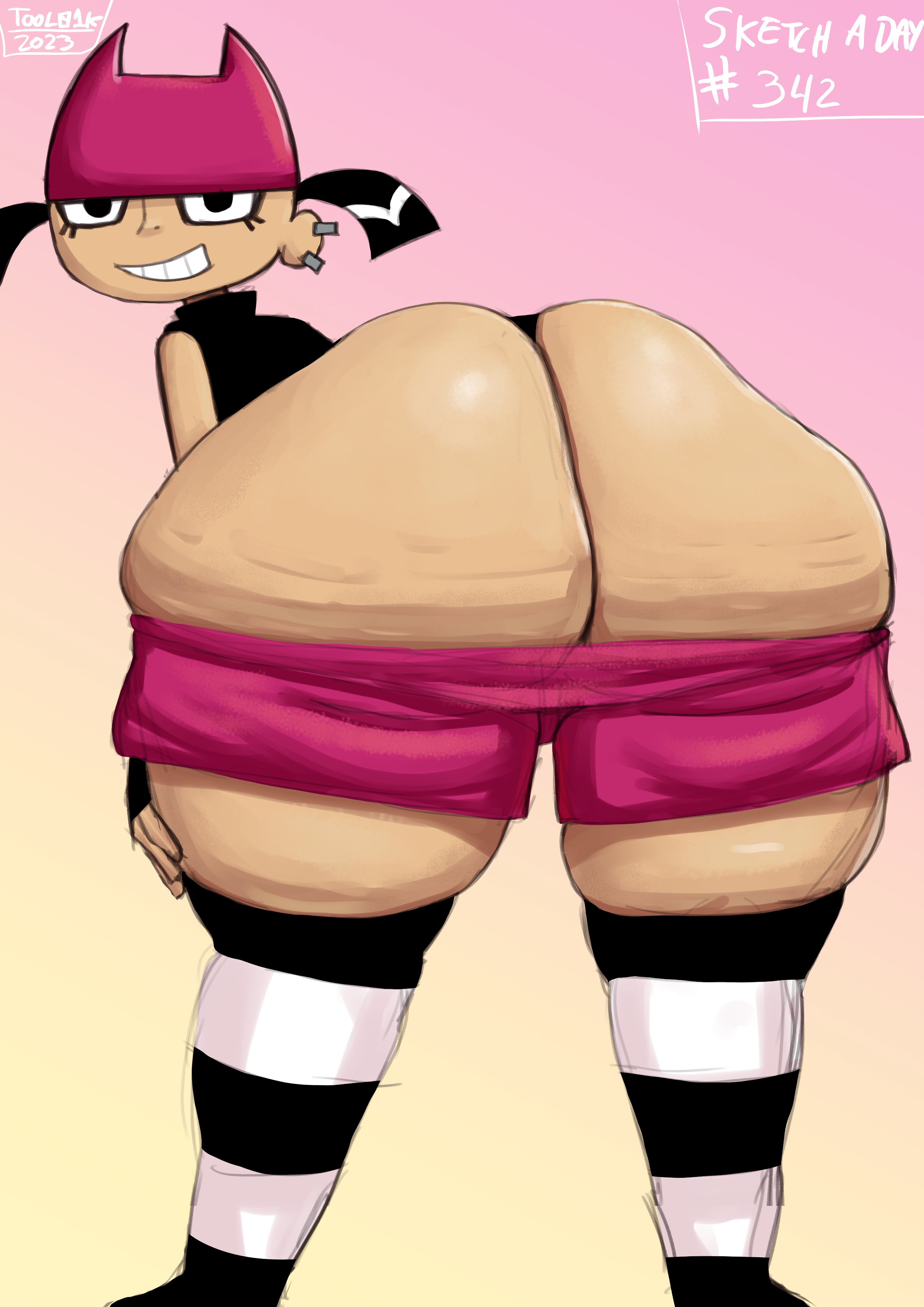 1girls, ass, bent over, big ass, black hair, bottom heavy, bubble ass, bubble butt, cellulite, clothing, fat ass, female, female only, fingerless gloves, gloves, hat, huge ass, large ass, looking at viewer, looking back, massive ass, my life as a teenage robot, page 342, panties, shirt, shorts, shorts down, sleeveless shirt, smile, solo, thick ass, thick thighs, thunder thighs, tiff crust, tool01k, wide hips