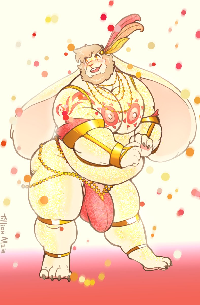 anthro balls beard belly big_belly big_ears body_paint bulge chubby chubby_male color fur furry gold_(metal) jewelry lagomorph male male_only mammal moobs nipples overweight overweight_anthro overweight_male penis penis_outline rabbit solo solo_male thick_thighs thong tilionmaia