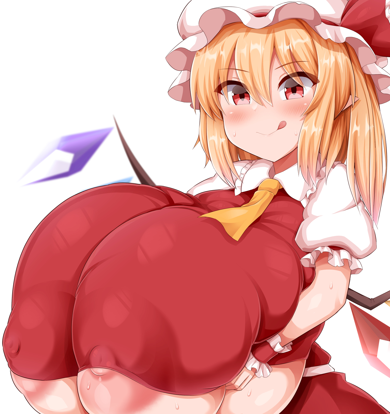areola, areolae, big breasts, big nipples, bimbo, blonde hair, breast press, breasts, female, flandre scarlet, gigantic breasts, happy, huge areola, huge areolae, huge breasts, huge nipples, hyper breasts, large areolae, large breasts, large nipples, looking at viewer, massive breasts, monaka (gatinemiku), nipples, puffy nipples, short stack, shortstack, touhou, underboob