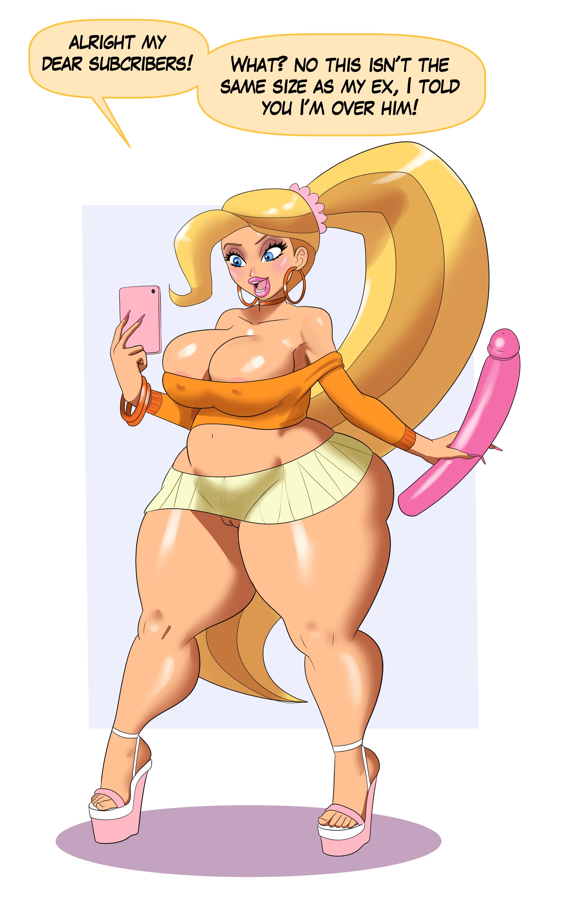 annon, ass, bare midriff, bare shoulders, big ass, big breasts, bimbo, blonde hair, blush, bracelet, breasts, busty, choker, crop sweater, crop top, curvaceous, curvy, curvy female, curvy figure, dialogue, dildo, earrings, emma (tdi2023), eyeshadow, female, female focus, female only, full body, going commando, high heels, high ponytail, hourglass figure, lipstick, long fingernails, long hair, makeup, mascara, microskirt, nail polish, navel, no panties, phone, pink blush, pink lipstick, platform footwear, ponytail, pussy, revealing clothes, skimpy, skimpy clothes, skirt, speech bubble, standing, sweat, tagme, total drama island, total drama island (2023), vagina, wide hips