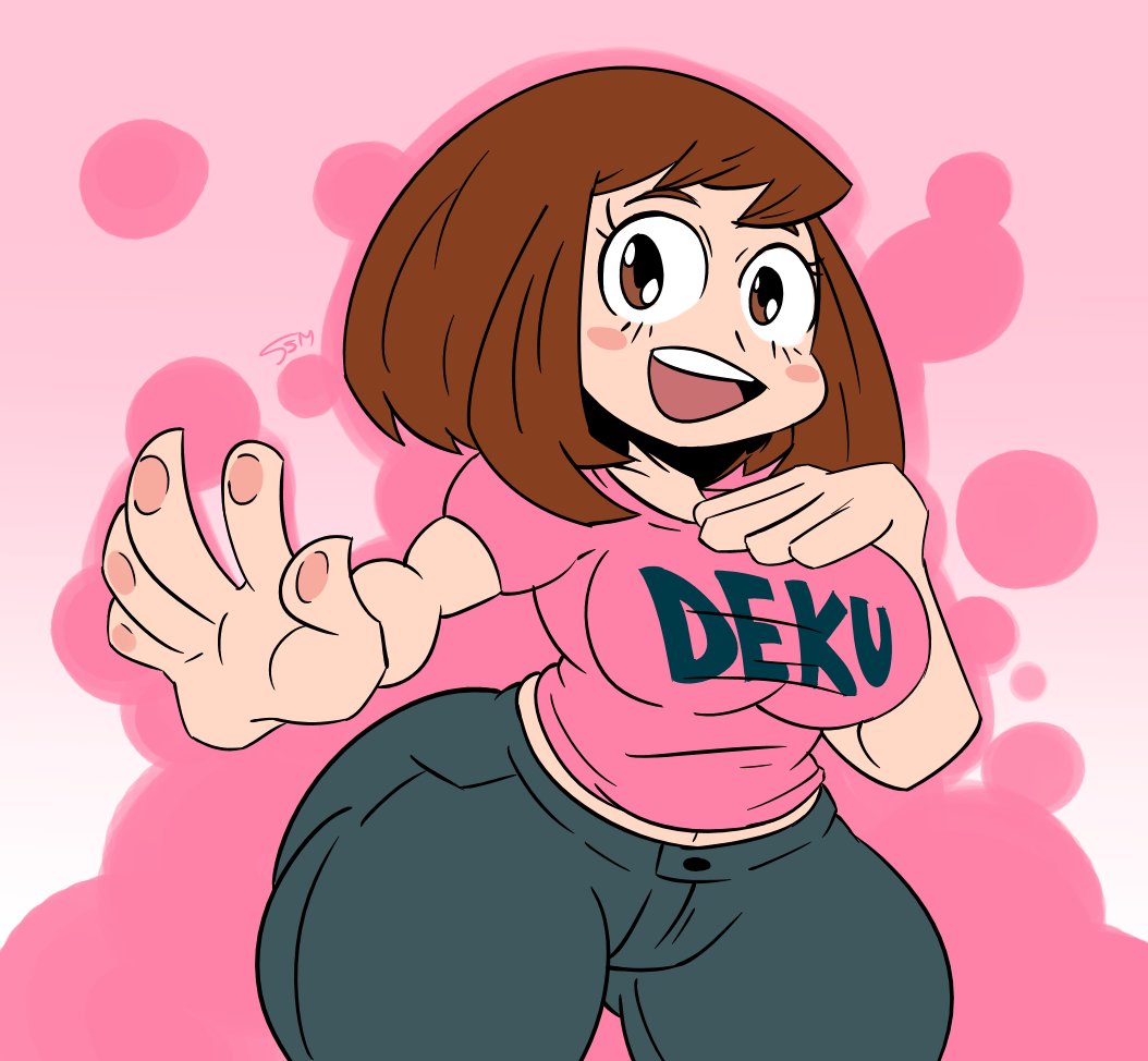 1girls 2018 ass big_ass big_butt blush brown_eyes brown_hair bubble_ass bubble_butt casual female female_only looking_at_viewer my_hero_academia ochako_uraraka open_mouth pants pink_shirt solarmannstudio solo supahstudiomann_(artist) thick_ass thick_thighs thunder_thighs wide_hips