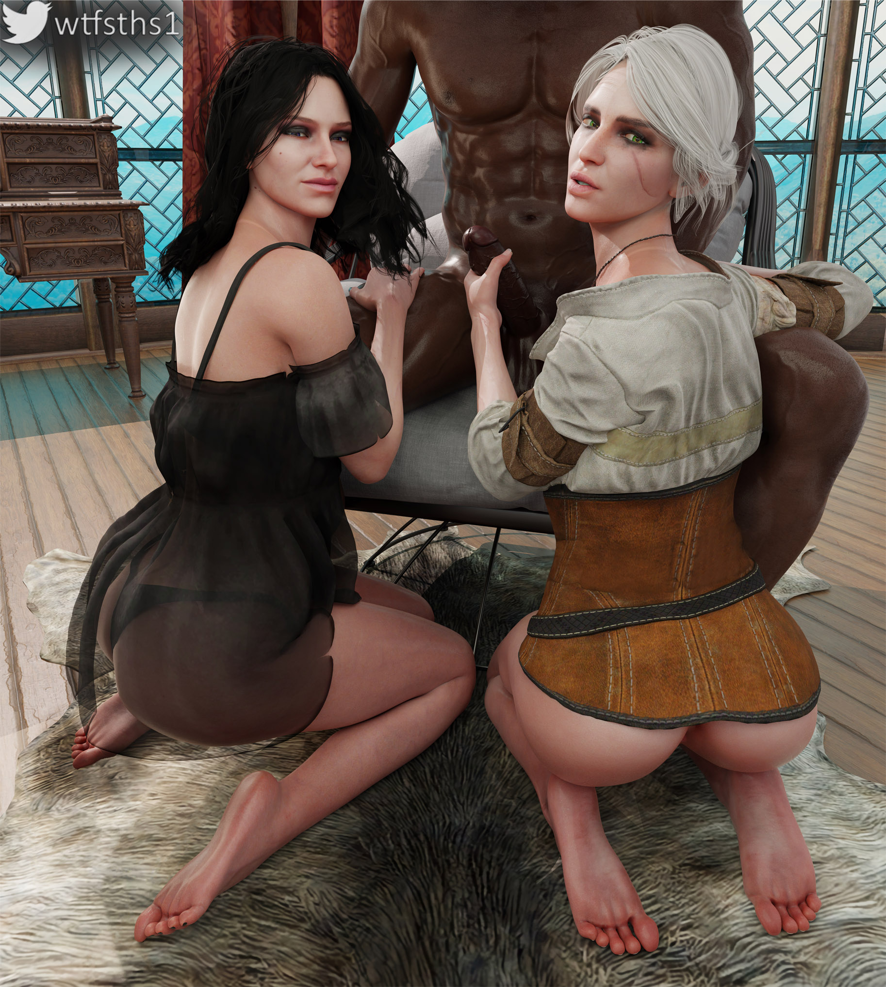 1boy, 2girls, 3d, 3d (artwork), abs, ashen hair, ass, average sized penis, barefoot, before sex, black body, black hair, black penis, black thong, cd projekt red, choker, ciri, clothed female, clothed female nude male, collar, curly hair, dark skin, dark-skinned male, dominant male, eyeshadow, facial scar, feet, feet together, female, female focus, ffm threesome, foot fetish, freckles, goth, green eyes, grey hair, half updo, handjob, head out of frame, holding penis, imminent oral, interracial, kneeling, light skin, light-skinned female, long hair, looking at viewer, looking back, looking back at viewer, male, mascara, muscular, muscular male, negligee, nude, nude male, nude male clothed female, oral, pale skin, pale-skinned female, partial male, penis, petite, purple eyes, purple eyeshadow, runny makeup, scar, seductive eyes, seductive look, seductive mouth, see-through clothing, shiny skin, sitting, skinny, slim, small ass, soles, sorceress, step-incest, stepmother and stepdaughter, tattoo, tattoo on thigh, the witcher (series), the witcher 3: wild hunt, thigh tattoo, thong, threesome, tied hair, toes, toussaint, violet eyes, white hair, witch, witcher medallion, wtfsths, yennefer