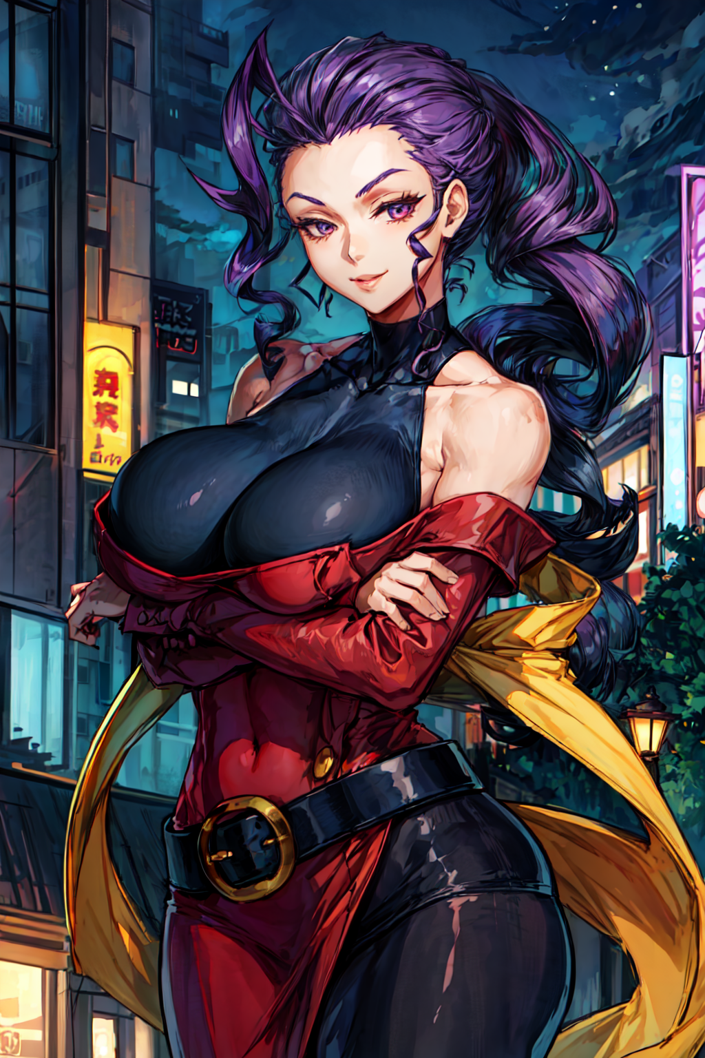 ai_generated arms_crossed arms_crossed_under_breasts bare_shoulders belt big_breasts breasts capcom city crossed_arms dress exposed_shoulders hagoromo huge_breasts large_breasts lipstick long_hair looking_at_viewer neon_lights night pantyhose purple_eyes purple_hair rose_(street_fighter) scarf shawl smile stable_diffusion street_fighter tampopo