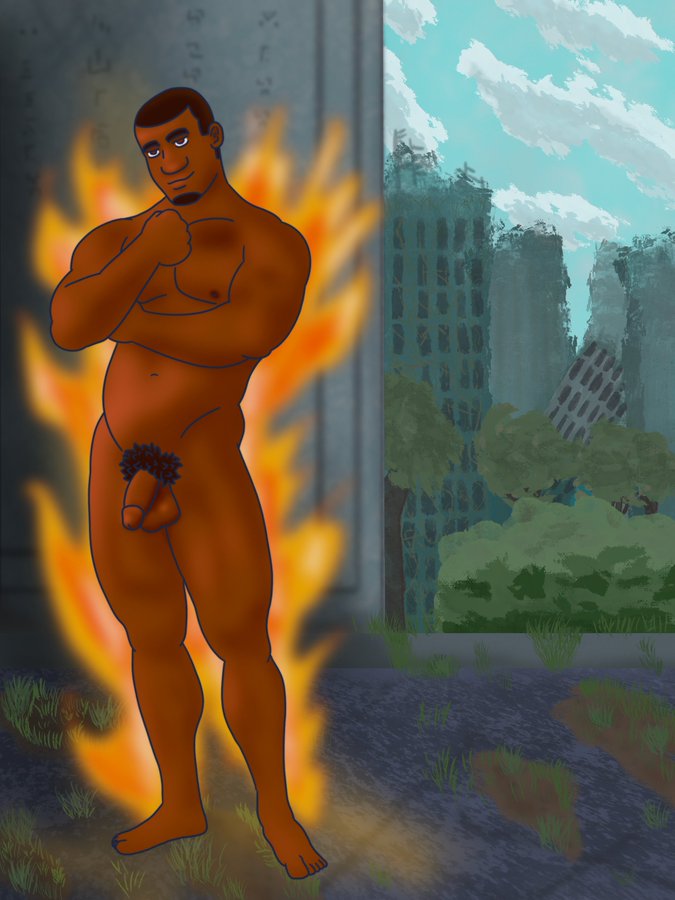 1boy dark-skinned_male fire flames male_only muscular_male overgrown smooth_skinned_male solo_male