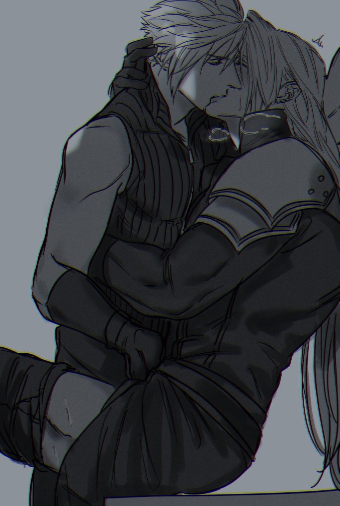 artist request, blush, closed eyes, clothed, cloud strife, embrace, final fantasy, final fantasy vii, final fantasy vii advent children, gay, gloves, grey background, grinding, hug, humping, implied handjob, kissing, long hair, male, male only, male/male, monochrome, muscular, muscular male, pants down, pauldrons, sephiroth, simple background, spiky hair, steamy breath, tagme, thighs, yaoi
