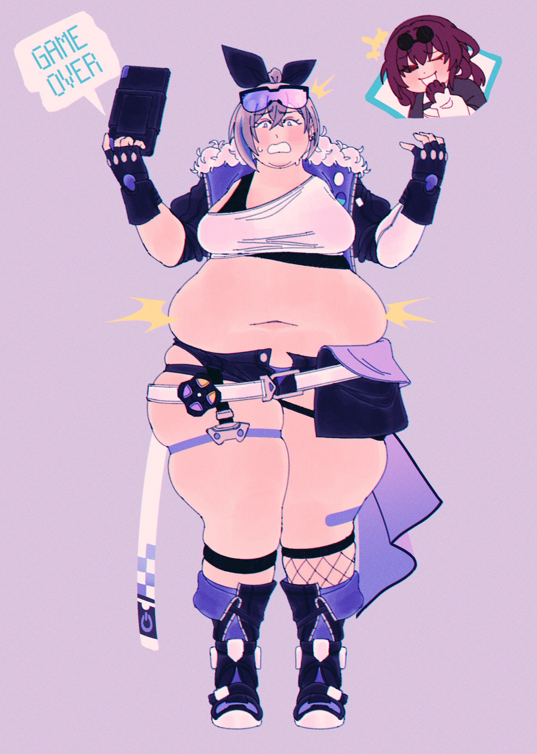 2023, 2girls, absurd res, bbw, belly, breasts, chubby, chubby female, exposed fat belly, fat, female, female focus, female only, fingerless gloves, gloves, grey hair, hips, honkai (series), honkai: star rail, huge belly, kafka (honkai: star rail), looking down, mofuuwafuwa, navel, obese, obese female, overweight female, short shorts, shorts, silver wolf (honkai: star rail), solo, solo focus, sunglasses, sunglasses on head, surprised, thick thighs, thighs, weight gain, wide hips