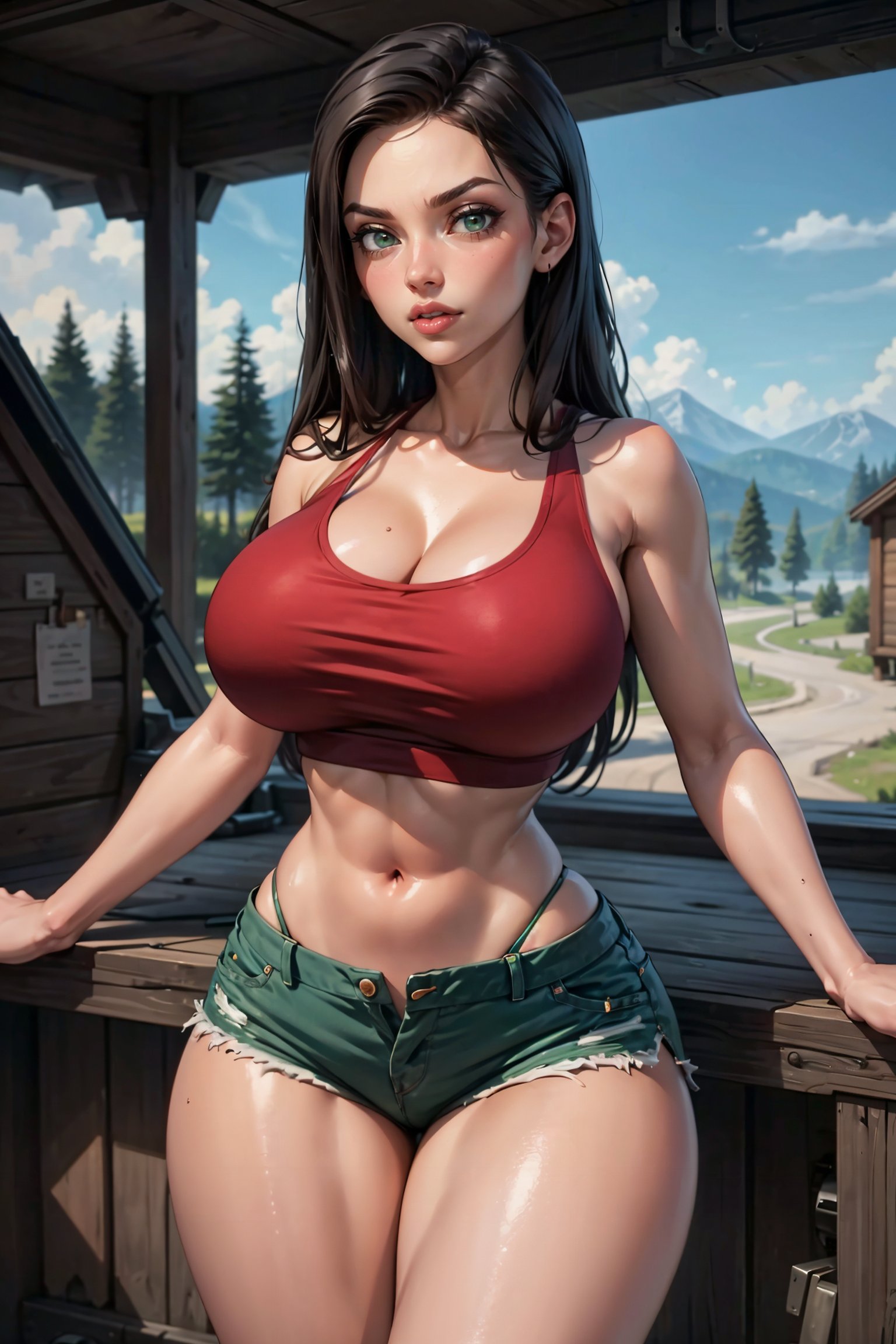 1girls, abs, ai generated, bare midriff, big breasts, black hair, breasts, busty, cleavage, crop top, denim shorts, female, female focus, female only, g-string, heather (tdi), hourglass figure, large breasts, league69, long hair, navel, pinup, pinup pose, short shorts, shorts, solo, standing, tagme, thick thighs, total drama island, wide hips
