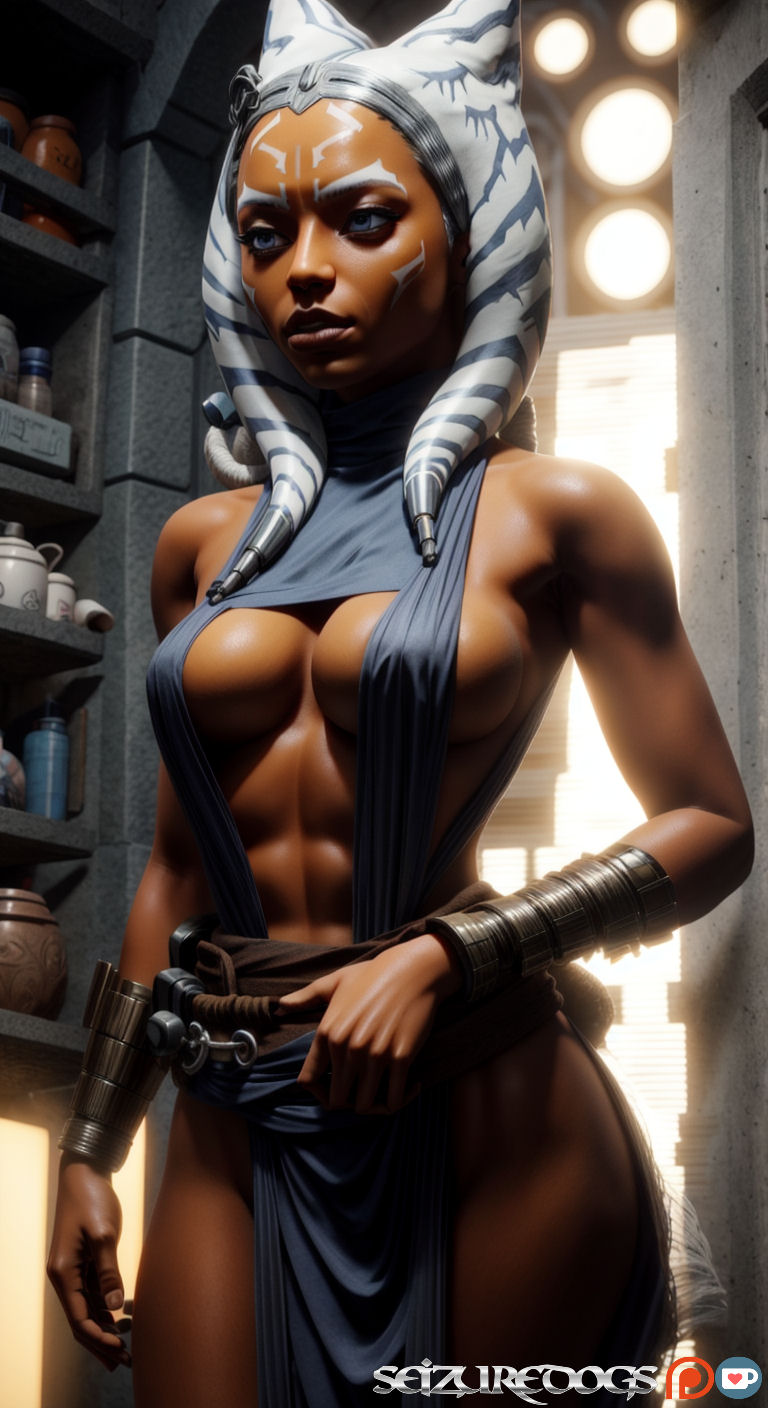 1girls, ahsoka tano, ai generated, alien, alien girl, athletic, athletic female, female, female only, partially clothed, pinup, seizuredogs, solo, star wars, togruta