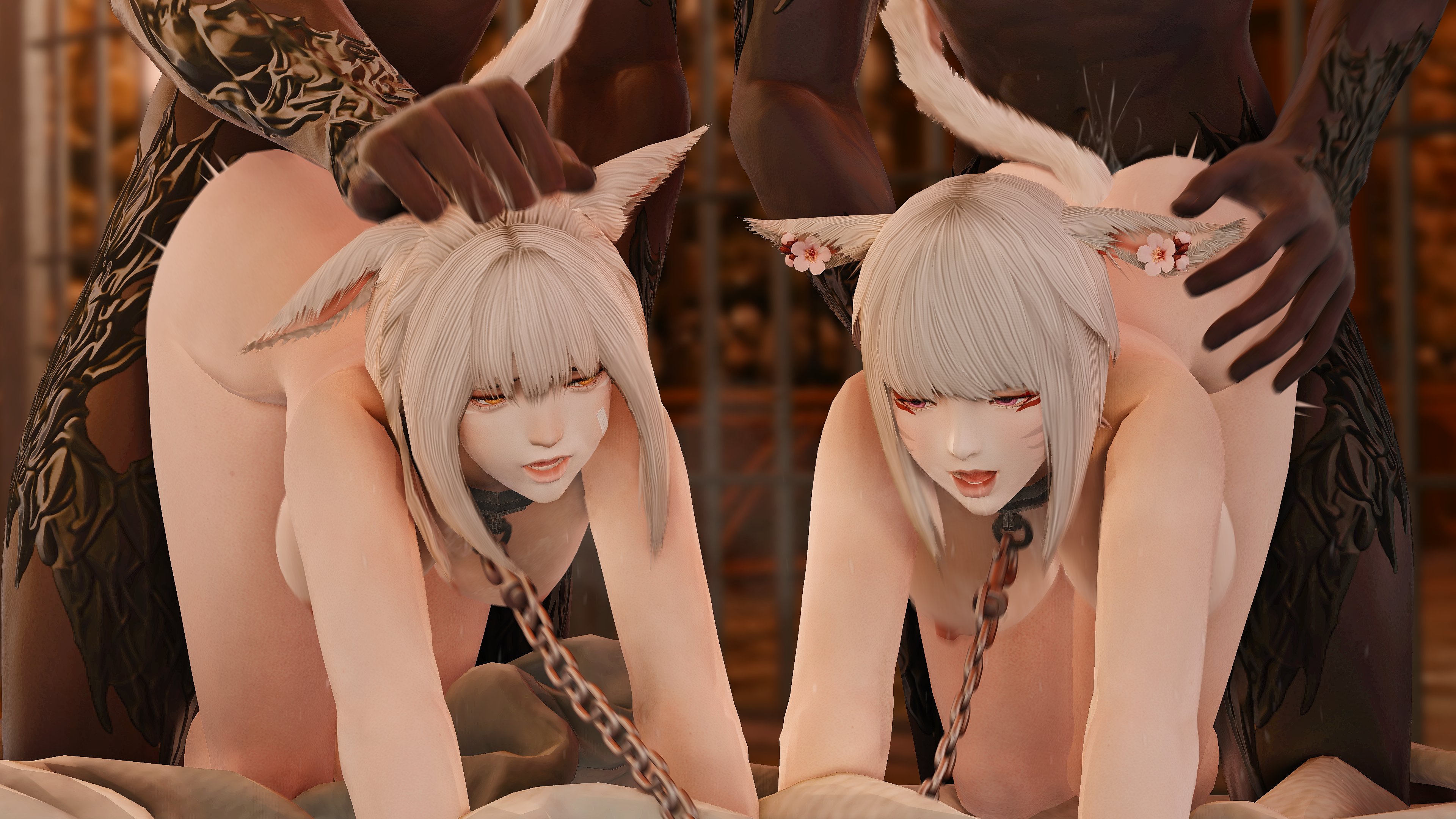 2boys, 2girls, big breasts, breasts, cat ears, cat girl, collar, cowtwt (artist), dark skin, dark-skinned male, doggy style, female, final fantasy xiv, gangbang, hair pull, large breasts, light skin, light-skinned female, male, miqo'te, moaning, pulling hair, sex, spank marks, spanking
