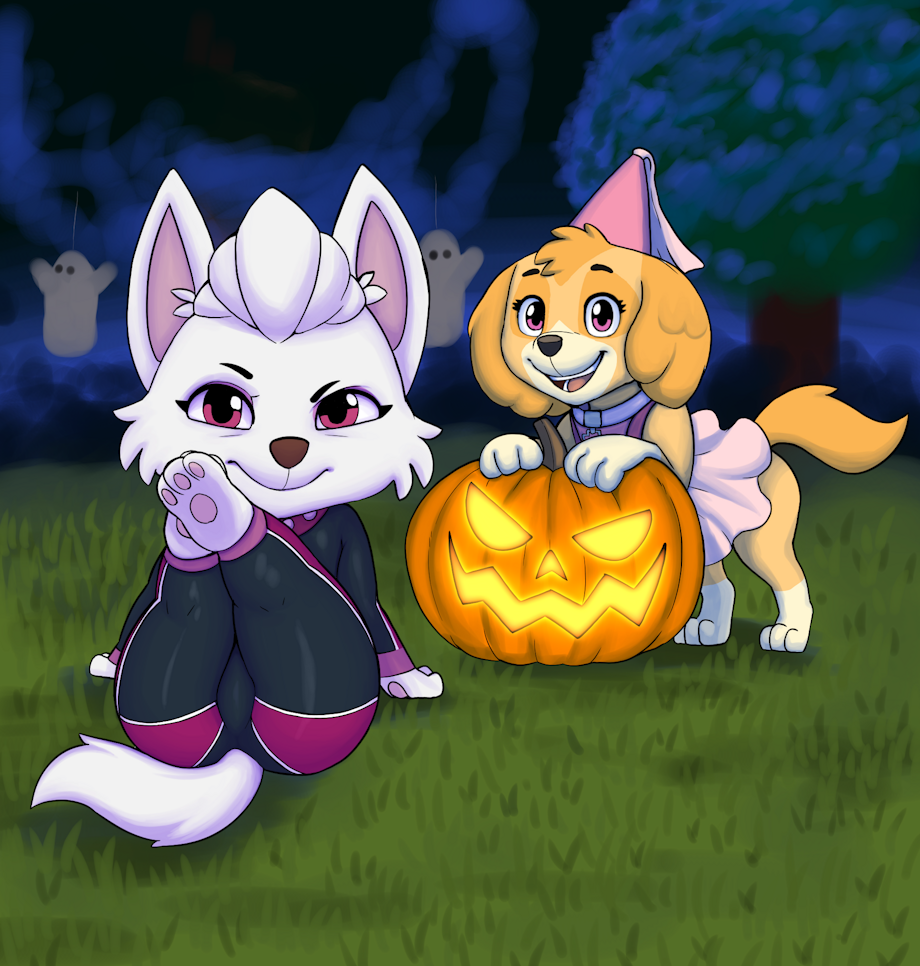 2girls brown_fur canid canine canis cockapoo cub female_focus forest furry furry_female ghost grass halloween halloween_costume happy hat legs legs_up miniskirt naughty night_sky paw_patrol paws pink_eyes princess_dress princess_outfit pumkin sitting skye_(paw_patrol) smirk smirking sweetie_(paw_patrol sweetie_(paw_patrol) tail white_fur white_highland_terrier