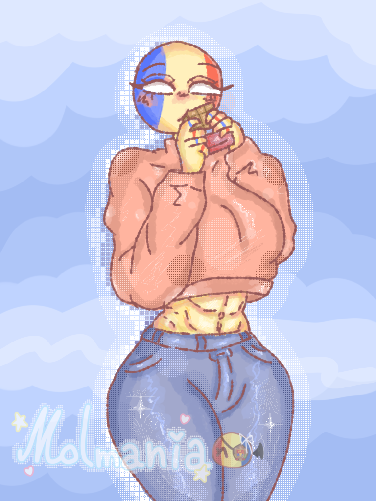 artist_name artist_signature breasts chocolate countryhumans crop_top crop_top_overhang female jeans molmania romania_(countryhumans) solo tagme yellow_body