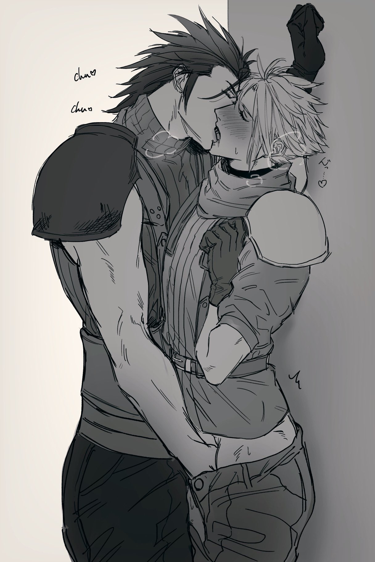 against wall, artist request, bishonen, blush, closed eyes, clothed, cloud strife, final fantasy, final fantasy vii, french kiss, gay, gloves, handjob, kissing, male, male only, male/male, monochrome, muscular, muscular male, no visible genitalia, pants down, pauldrons, scarf, spiky hair, square enix, steamy breath, tagme, tongue kiss, yaoi, zack fair