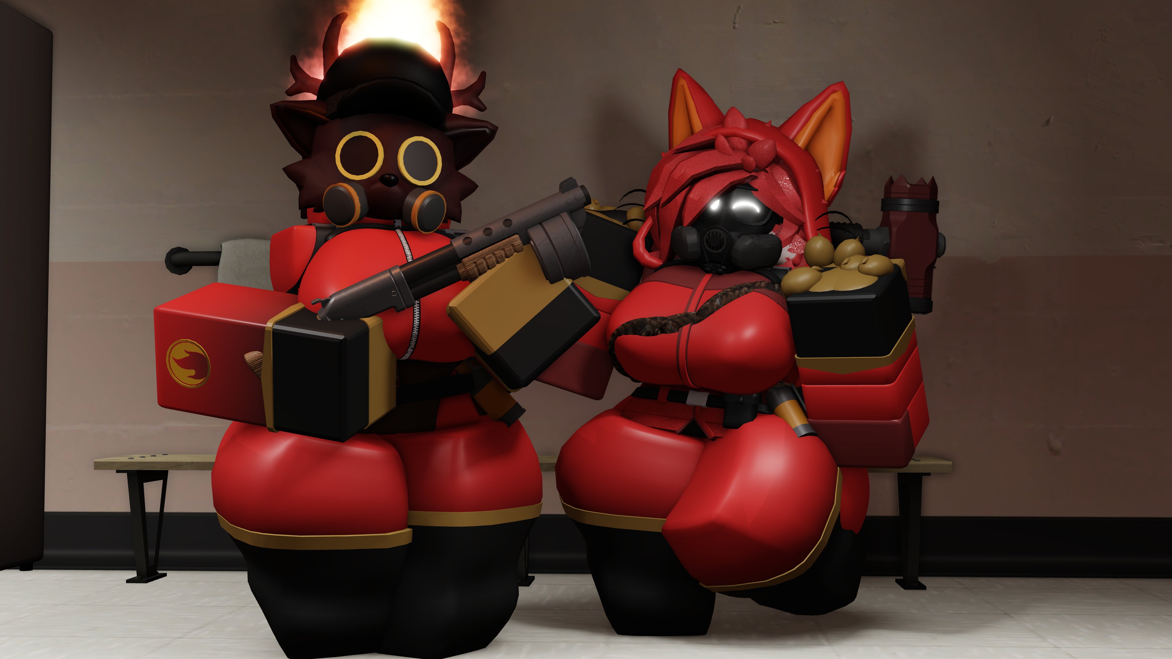2girls, 3d, caffinatedbuns, female, fempyro, furry, gun, peace sign, pyro (team fortress 2), roblox, robloxian, shotgun, sledgehammer, tagme, team fortress 2, valve