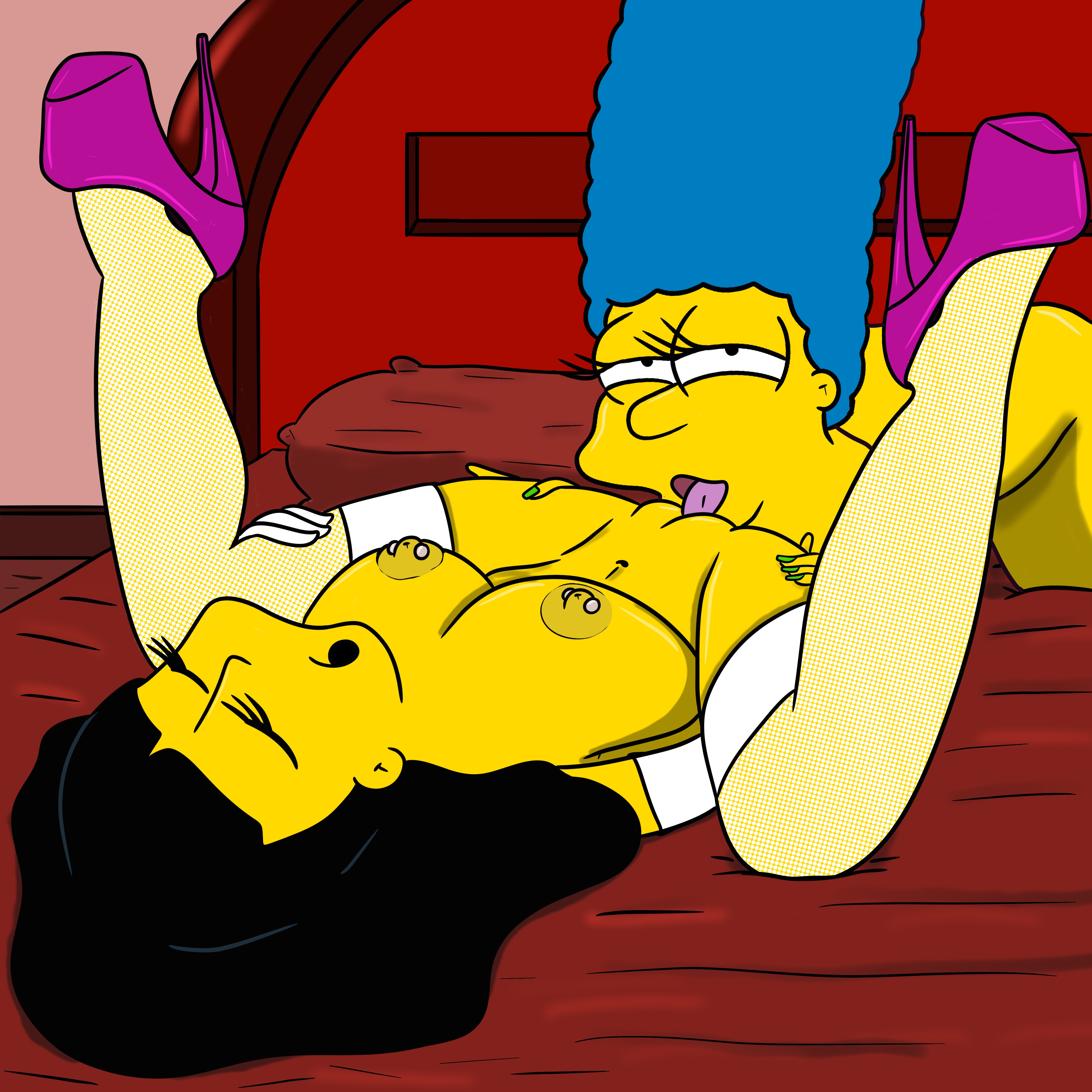 20th century studios, accurate art style, big penis, female, high heels, jessica lovejoy, male, marge simpson, penis, stockings, the simpsons, yellow body, yellow skin, yuri