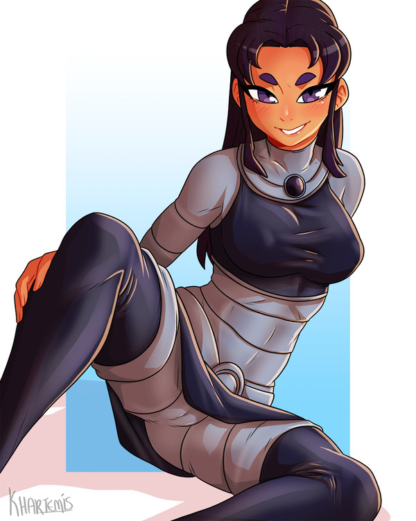 1girls artist_signature black_hair blackfire cameltoe dc fully_clothed khartemis komand'r purple_eyes solo_female tanned_female tanned_skin teen_titans upskirt