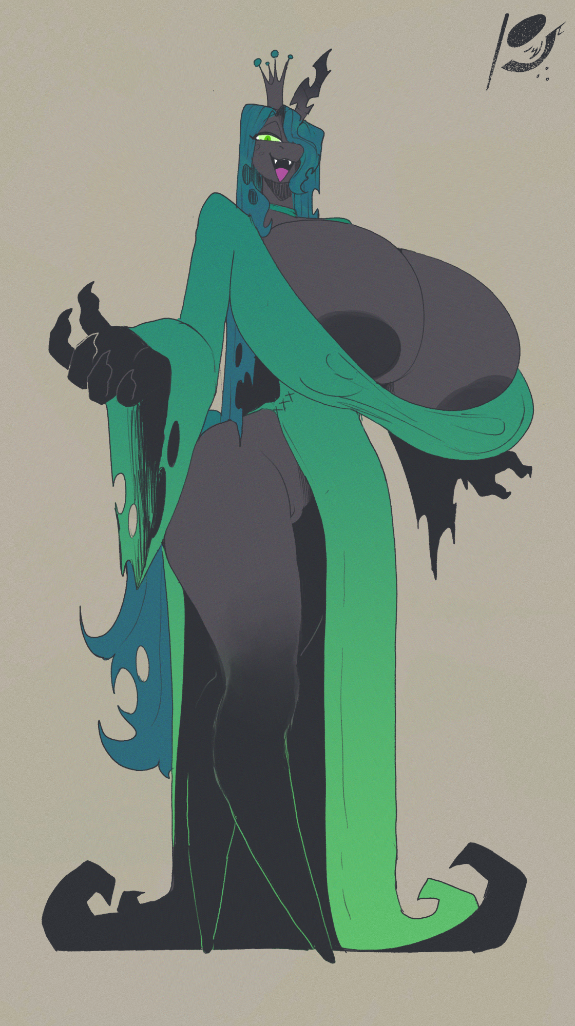 anthro, areola, arthropod, biped, breasts, changeling, clothed, clothing, female, friendship is magic, genitals, hair, hasbro, hi res, huge breasts, massive breasts, my little pony, peculiart, pupils, pussy, queen chrysalis (mlp), solo, tagme, tongue, tongue out