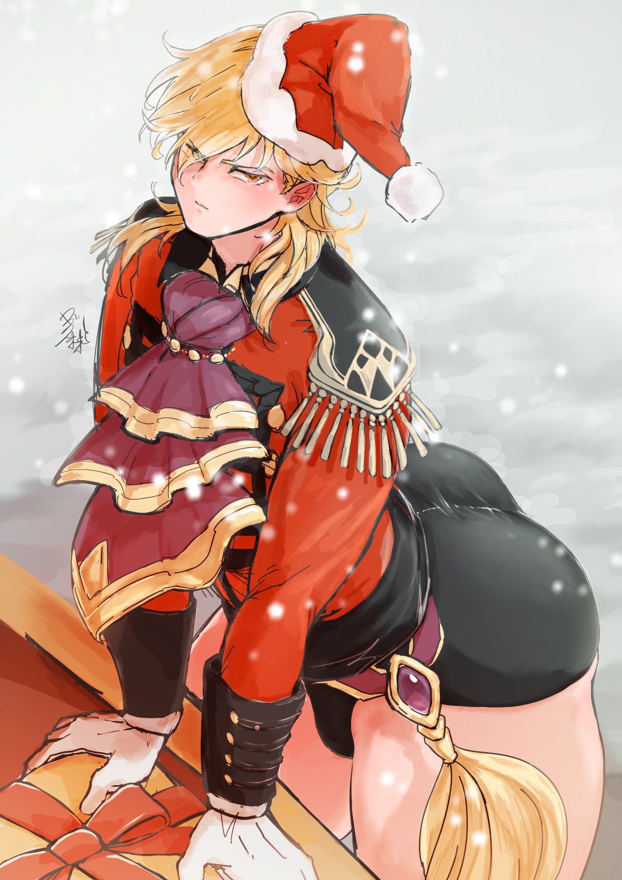 1boy ares_(fire_emblem) ass bare_thighs big_ass blonde_hair christmas fire_emblem fire_emblem:_genealogy_of_the_holy_war from_above gift hat long_hair long_sleeves looking_at_viewer looking_up male male_only nintendo outdoors santa_hat shorts snow solo ta_dasu_(tadasu_hayashi) thighs yellow_eyes