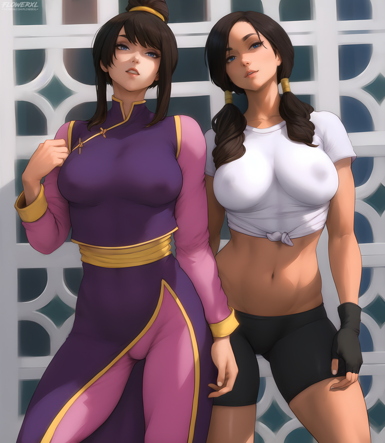 2girls abs asian_female big_breasts bike_shorts chichi dark_hair dragon_ball dragon_ball_z female_only flowerxl human midriff milf mother-in-law_and_daughter-in-law tight_clothing videl