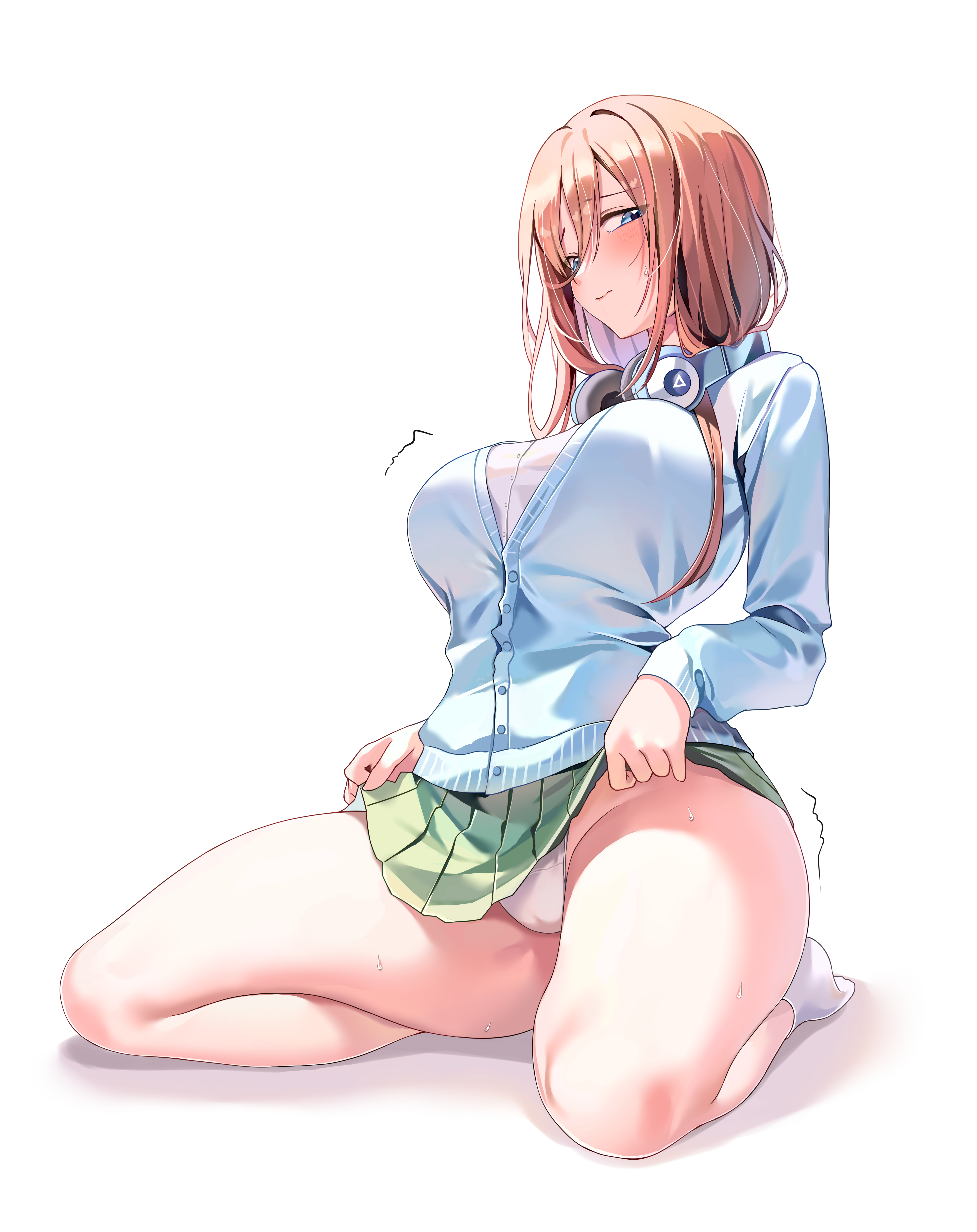 1girls, blazer, blue eyes, blush, brown hair, cameltoe, embarrassed, female, female only, go-toubun no hanayome, half-closed eyes, headphones around neck, highres, kneeling, legs, light skin, light-skinned female, long hair, looking at viewer, machulanko, nakano miku, nervous, panties, presenting, presenting panties, pussy, school uniform, shy, sitting, skirt, skirt lift, socks, solo, sweatdrop, thick thighs, thighs, tight clothing, trembling, uniform, white background, white panties, white socks, wide hips