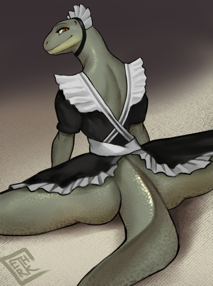 anthro ass betty_the_komodo_dragon black_betty_(meme) bottomless brown_eyes clothed clothing digital_media_(artwork) ethrk female flexible glistening glistening_body green_body green_scales hi_res lizard looking_at_viewer looking_back maid_headdress maid_uniform monitor_lizard reptile scales scalie skimpy smile solo splits spread_legs spreading uniform