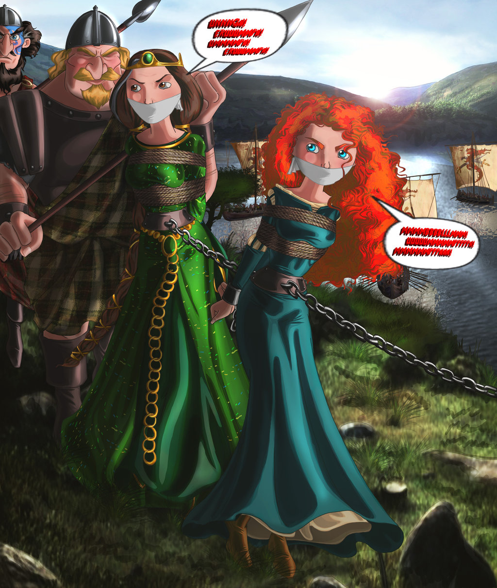 2boys 2girls bondage brave breast_bondage captured captured_heroine chains disney disney_princess enslaved_royal erikson1 gagged merida mother_and_daughter muffled_speech no_blindfold over_the_mouth_gag pixar queen_elinor rope_bondage shackles spoils_of_war walking